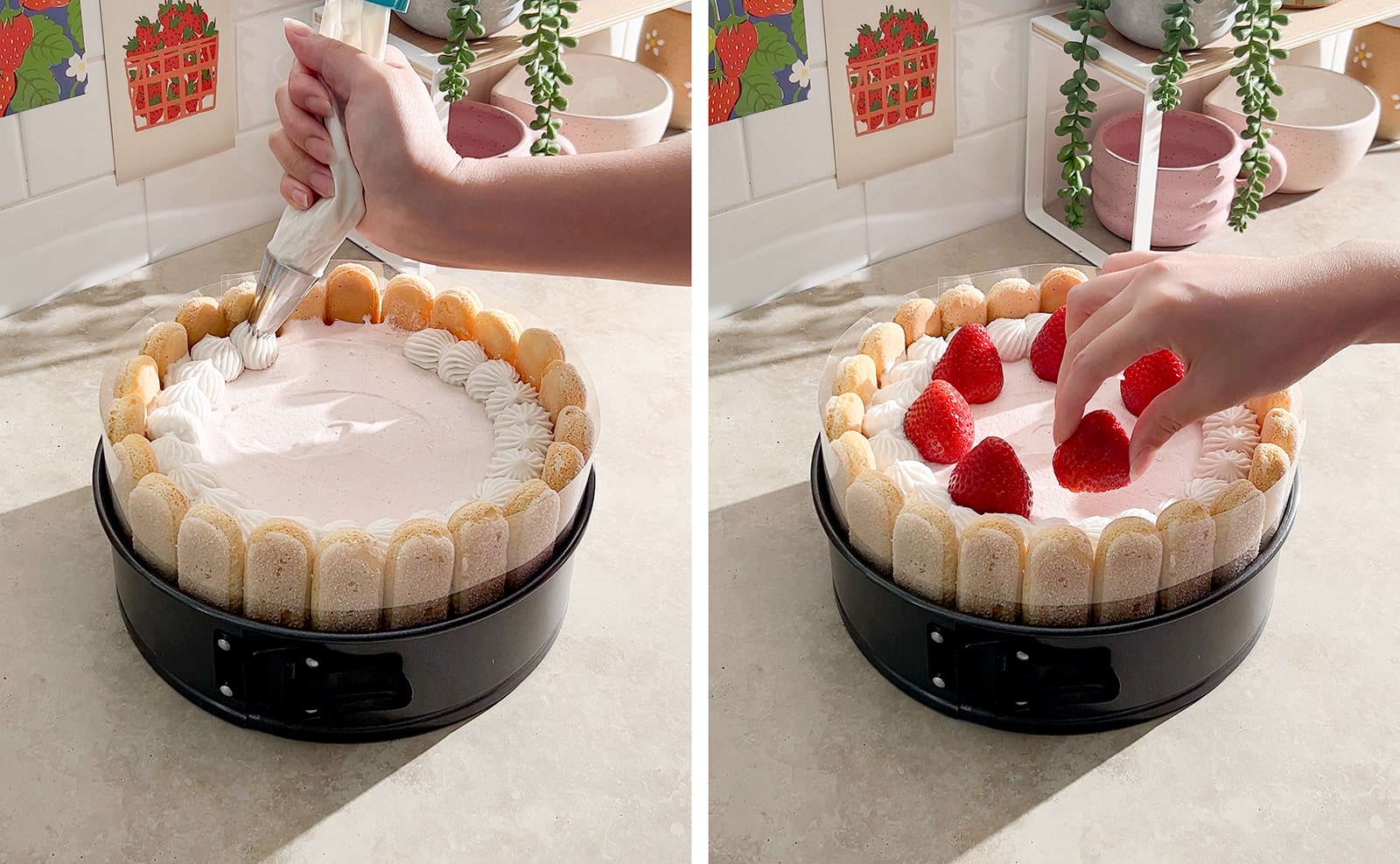 Left to right: piping dollops of whipped cream around edges of cake, hand placing strawberry on top of cake.