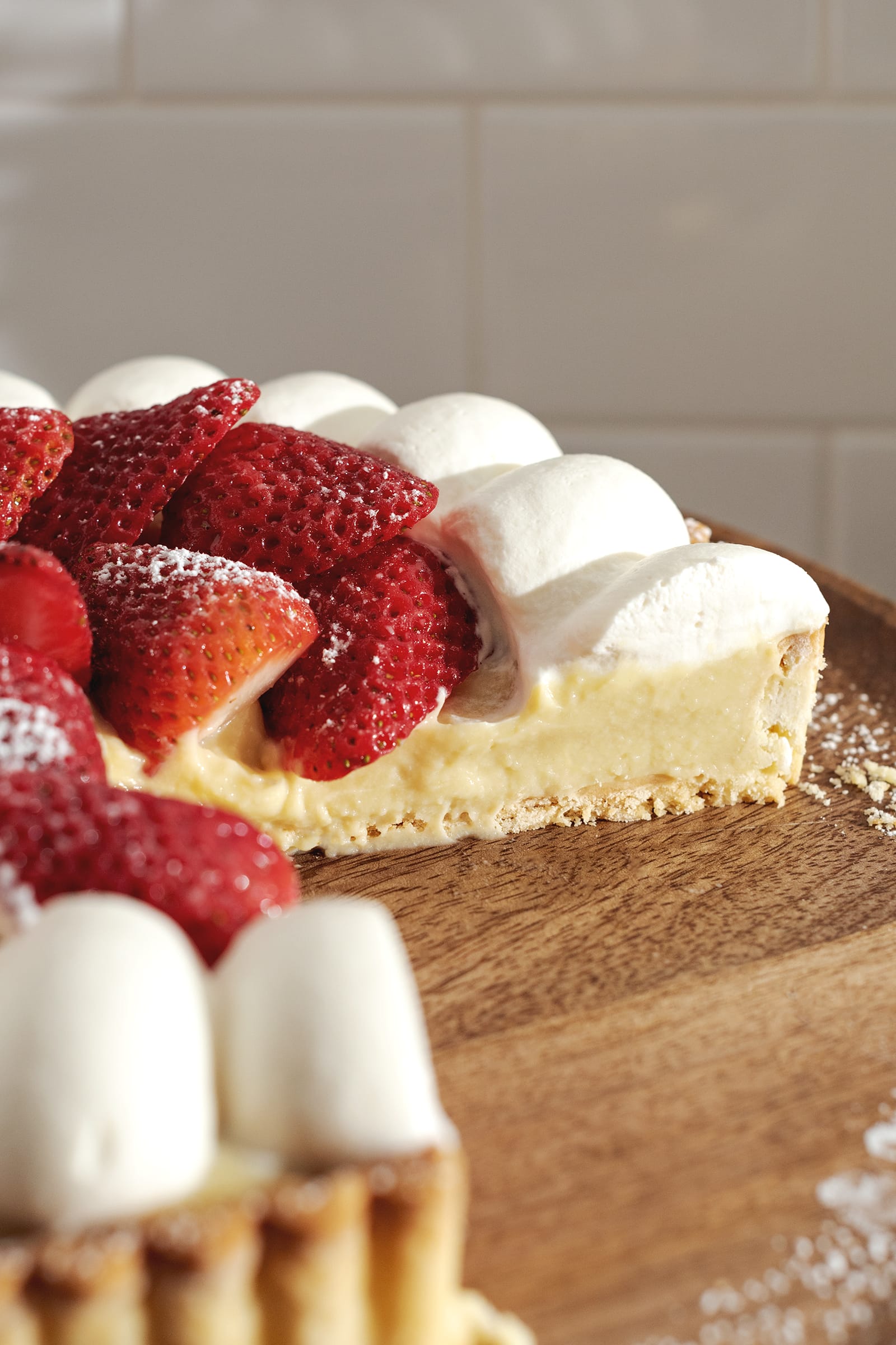 Cross-section of tart to show custard filling inside.