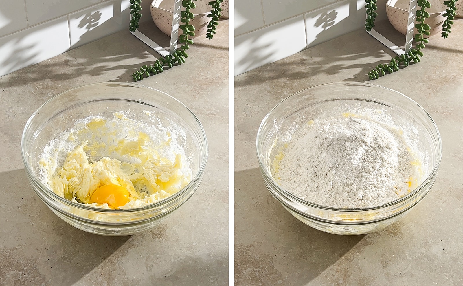 Left to right: butter and egg in mixing bowl, flour in bowl of dough.