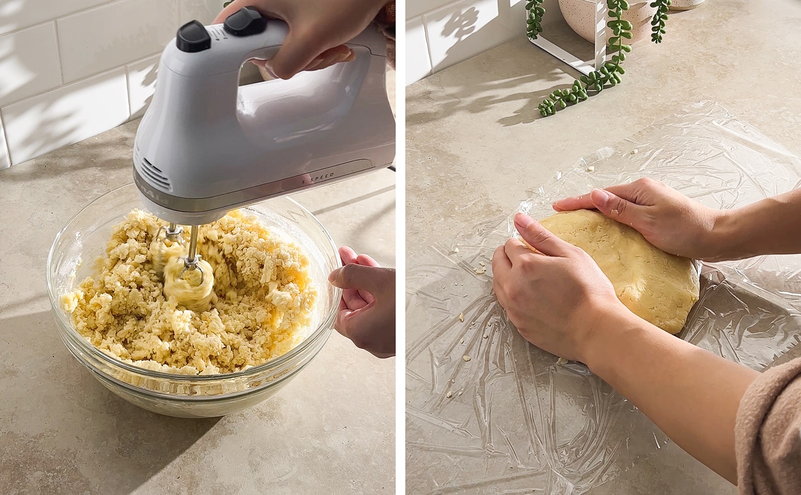 Left to right: mixing tart dough with hand mixer, hands shaping dough on top of a sheet of plastic wrap.
