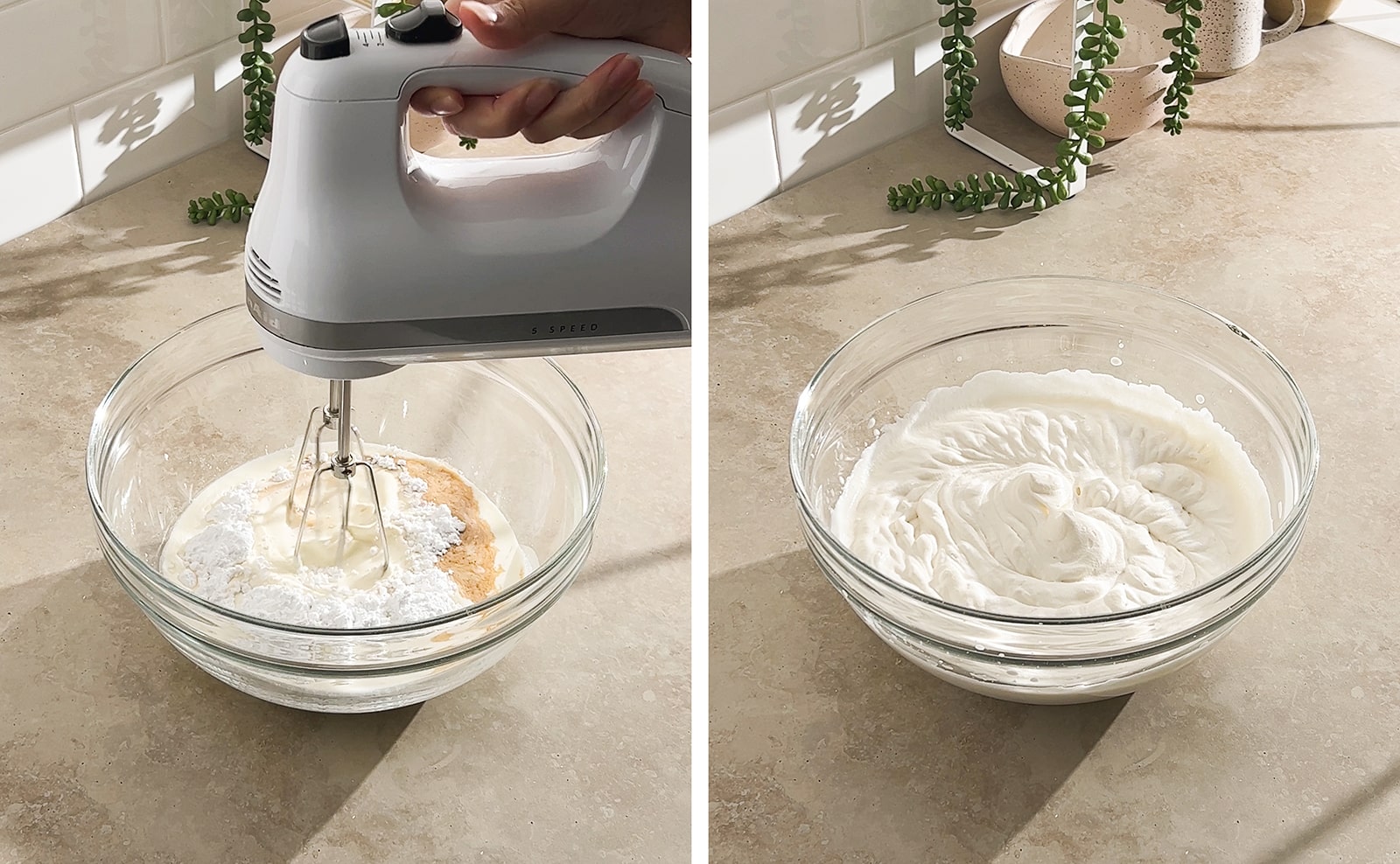 Left to right: hand mixer in bowl of ingredients, whipped cream in mixing bowl.