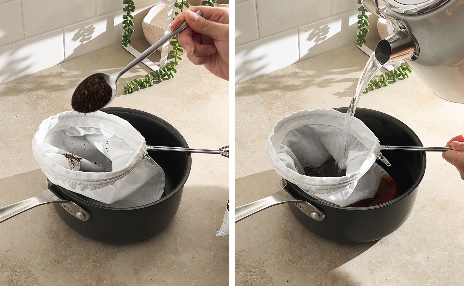 Left to right: adding a spoon of Thai tea mix to steeping bag, pouring hot water into steeping bag.