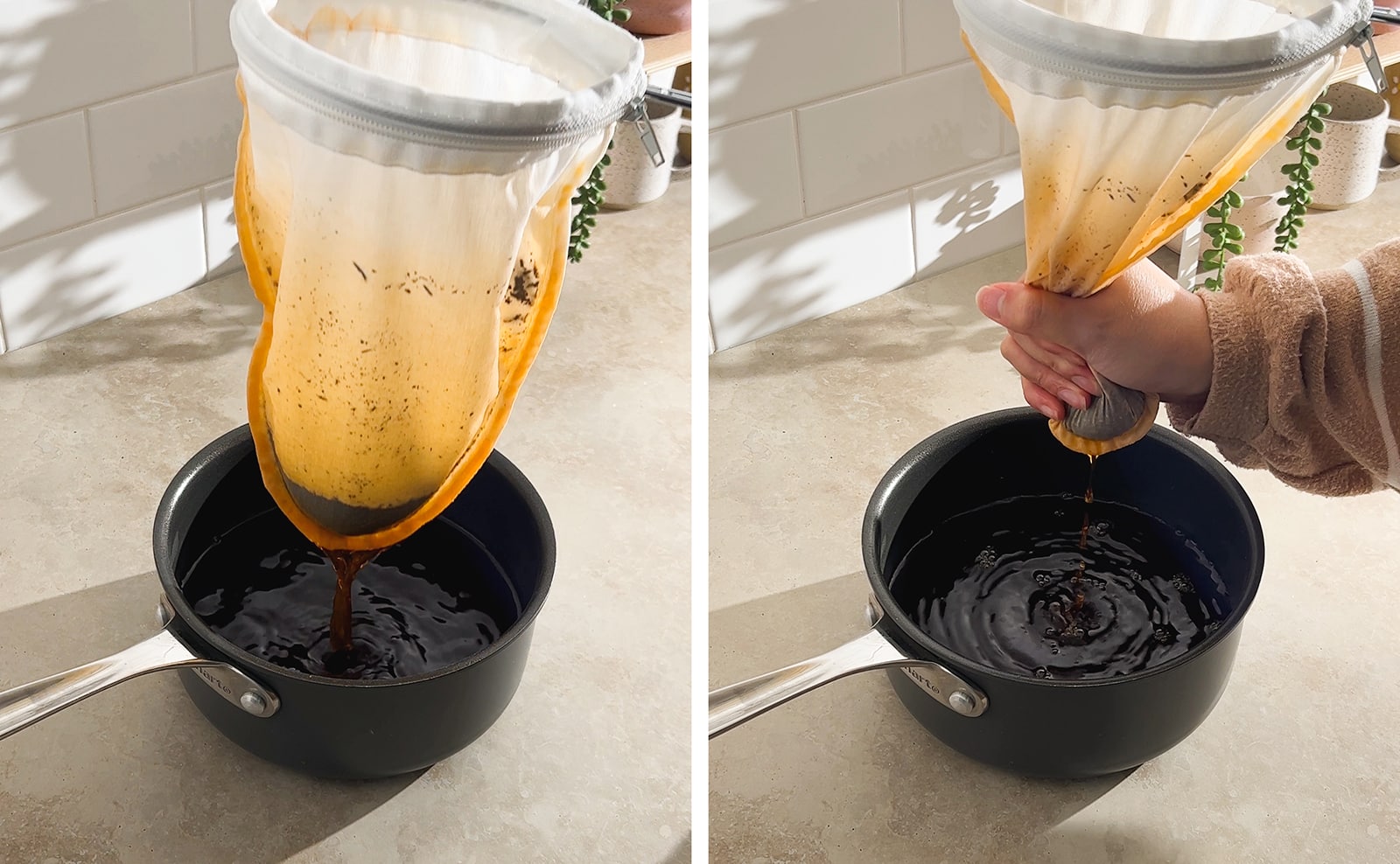 Left to right: hand lifting steeping bag out of pot to let the tea drain out, hand squeezing tea out of steeping bag.