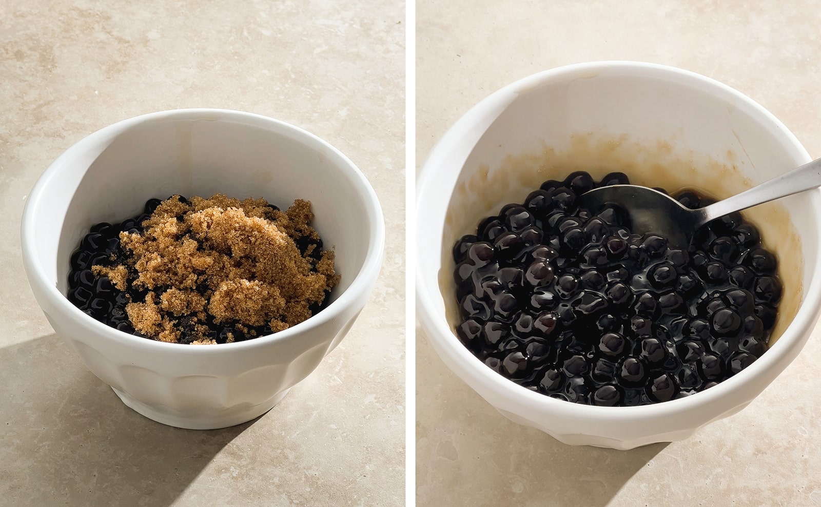 Left to right: bowl filled with boba pearls and brown sugar, bowl of boba pearls in brown sugar syrup.