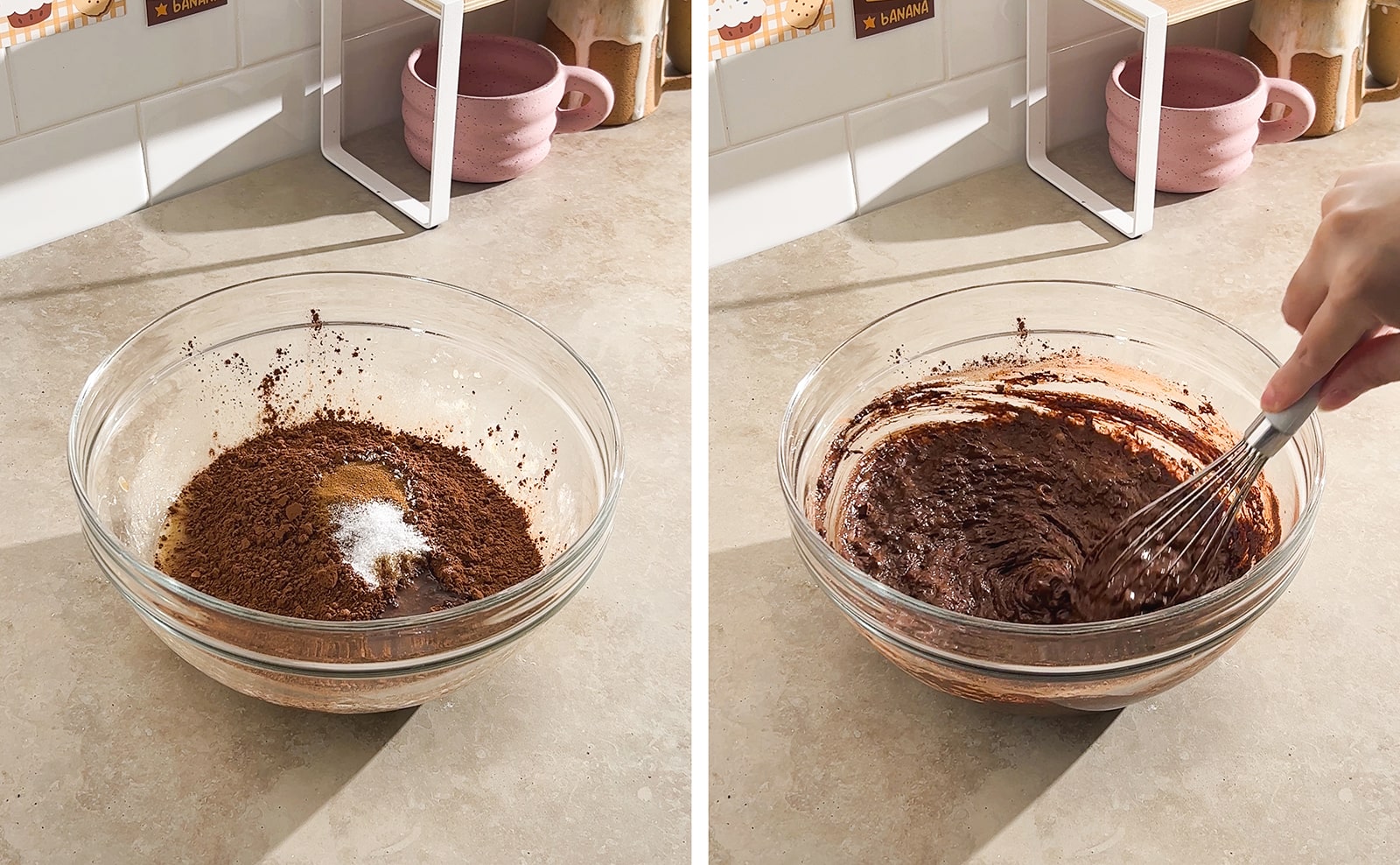 Left to right: glass bowl filled with cocoa powder and other ingredients, whisking chocolate batter together in bowl.