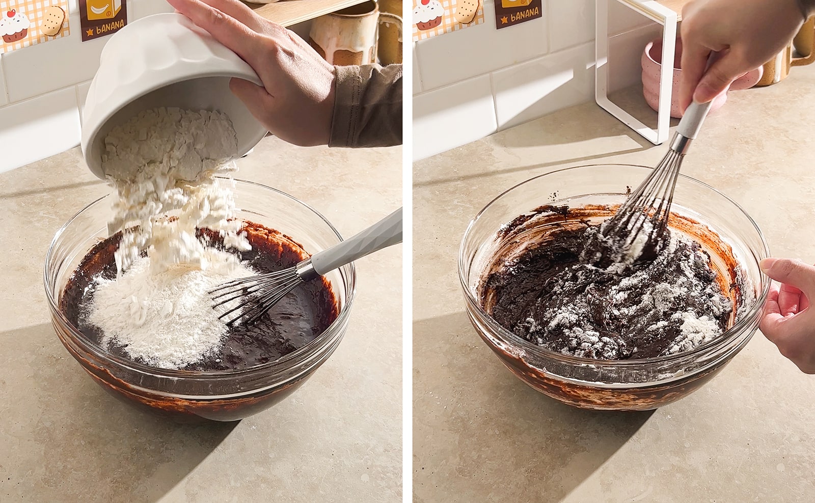 Left to right: pouring flour into bowl of batter, whisking flour into brownie batter.
