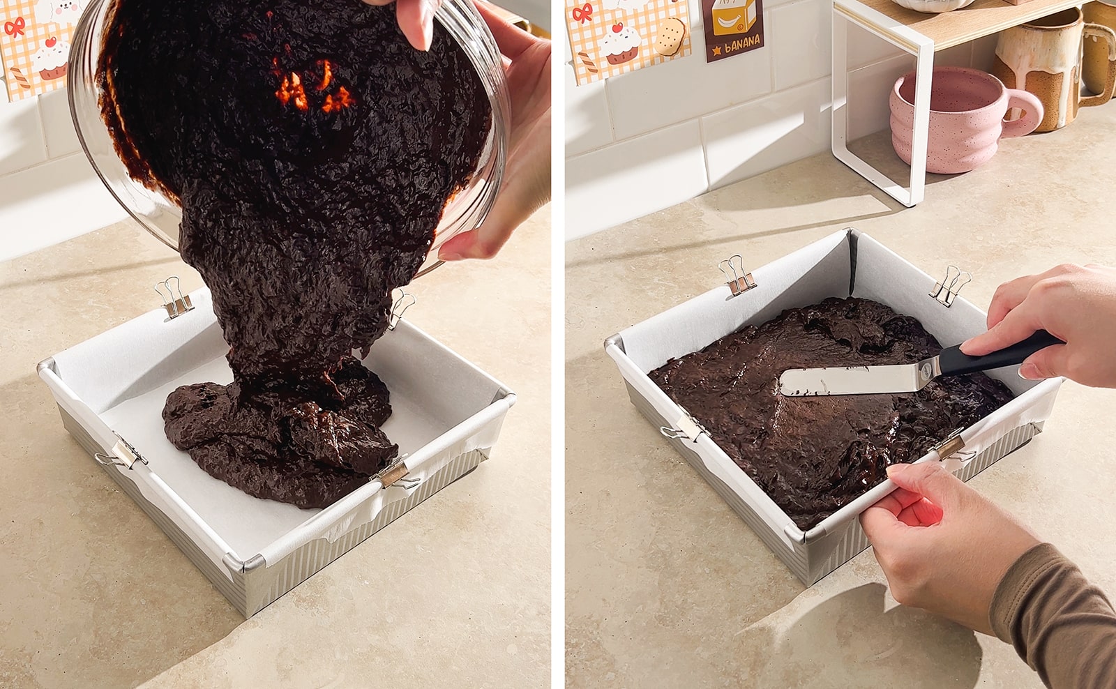Left to right: pouring brownie batter into pan, smoothing brownie batter into pan with offset spatula.