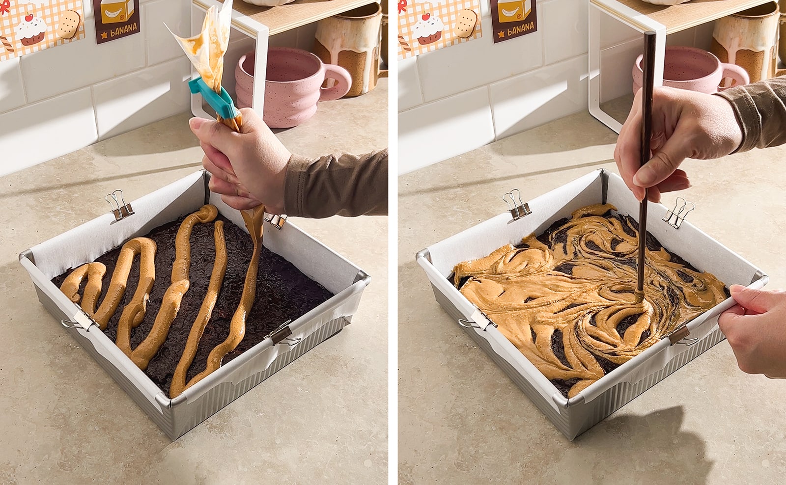 Left to right: hand piping lines of peanut butter on top of brownie batter, hand holding chopstick to swirl peanut butter and batter together.