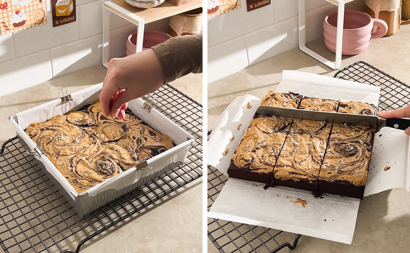 Left to right: hand sprinkling salt on top of brownies, cutting brownies into squares with a knife.