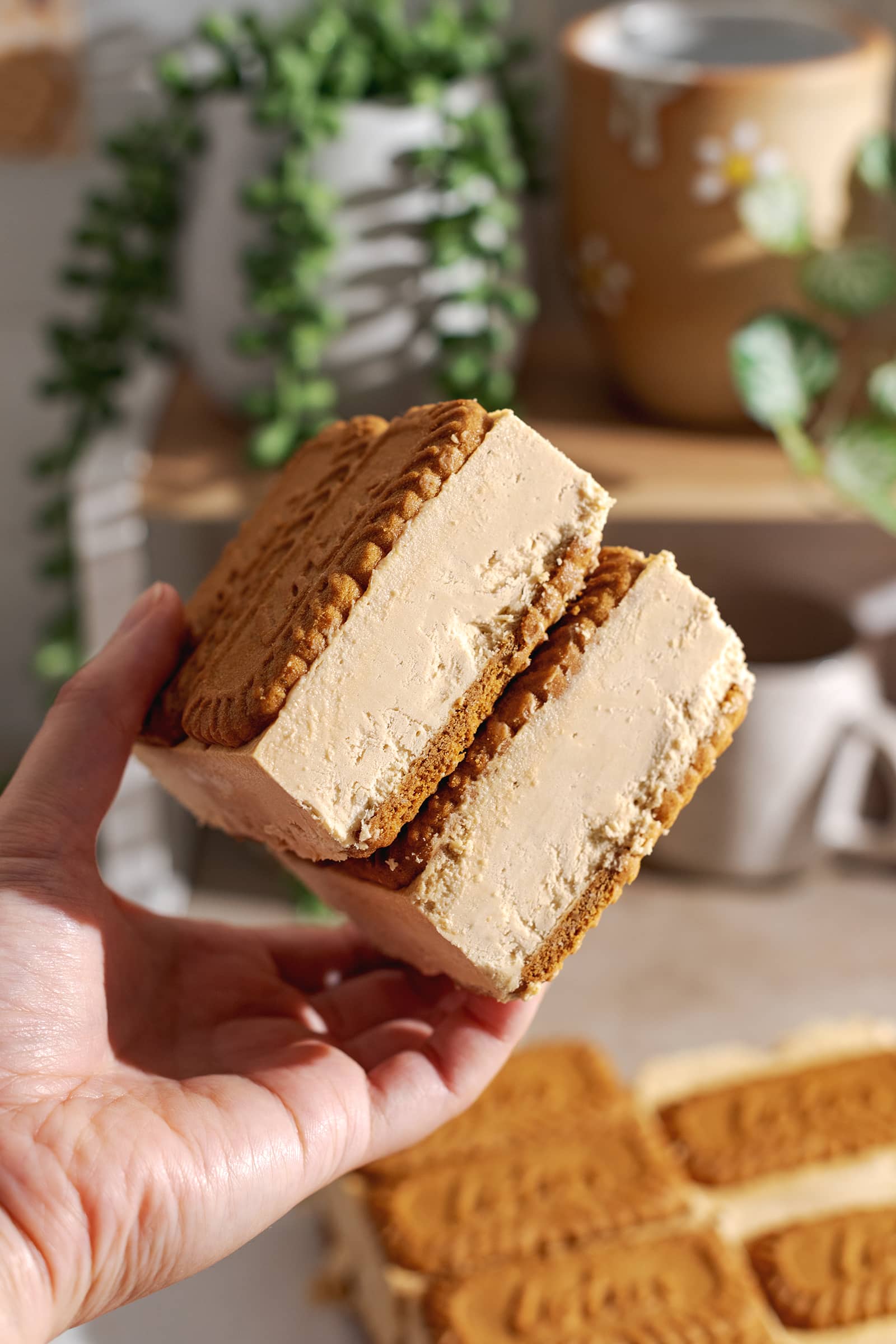 Hand holding two biscoff ice cream sandwiches, showing the ice cream layer on the sides.