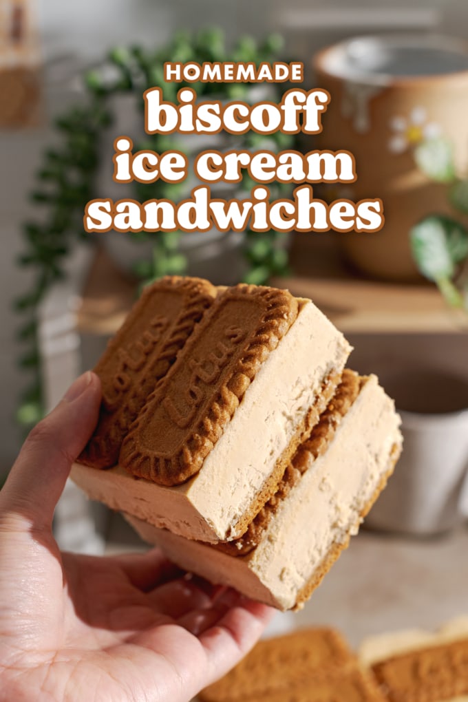Hand holding two biscoff ice cream sandwiches.