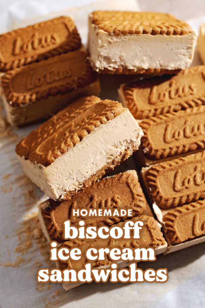Biscoff ice cream sandwich tilted on its side resting on other sandwiches.