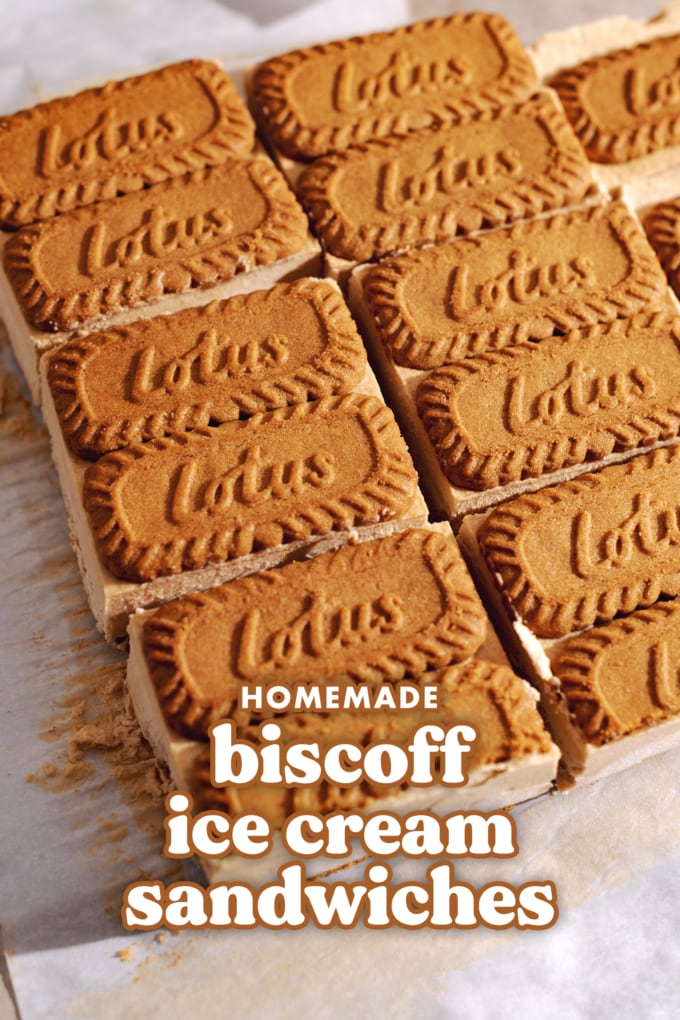 Ice cream sandwiches with a layer of Lotus biscoff cookies on top.