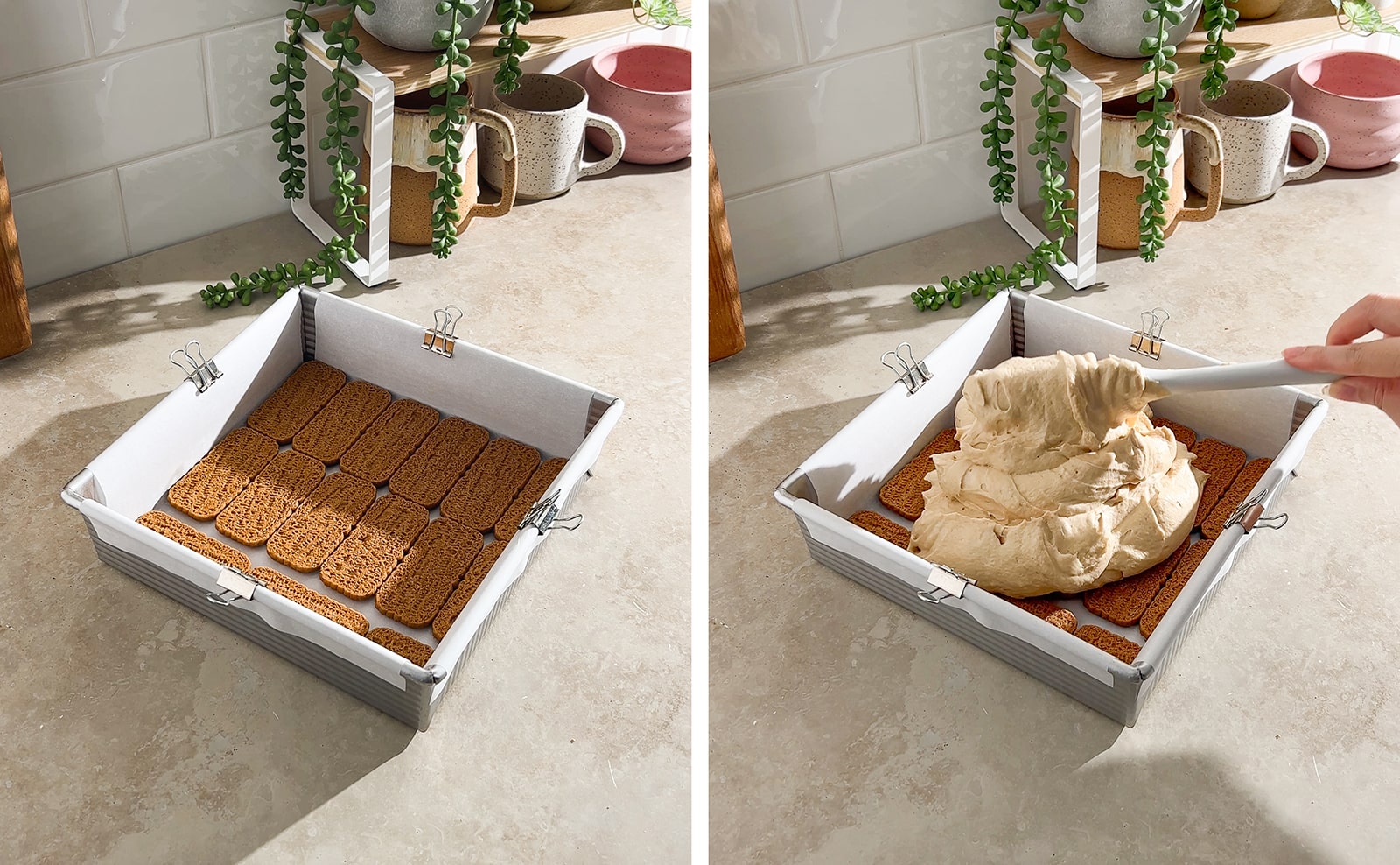 Left to right: Lotus cookies arranged in rows in bottom of pan, adding cream on top of cookies in pan.