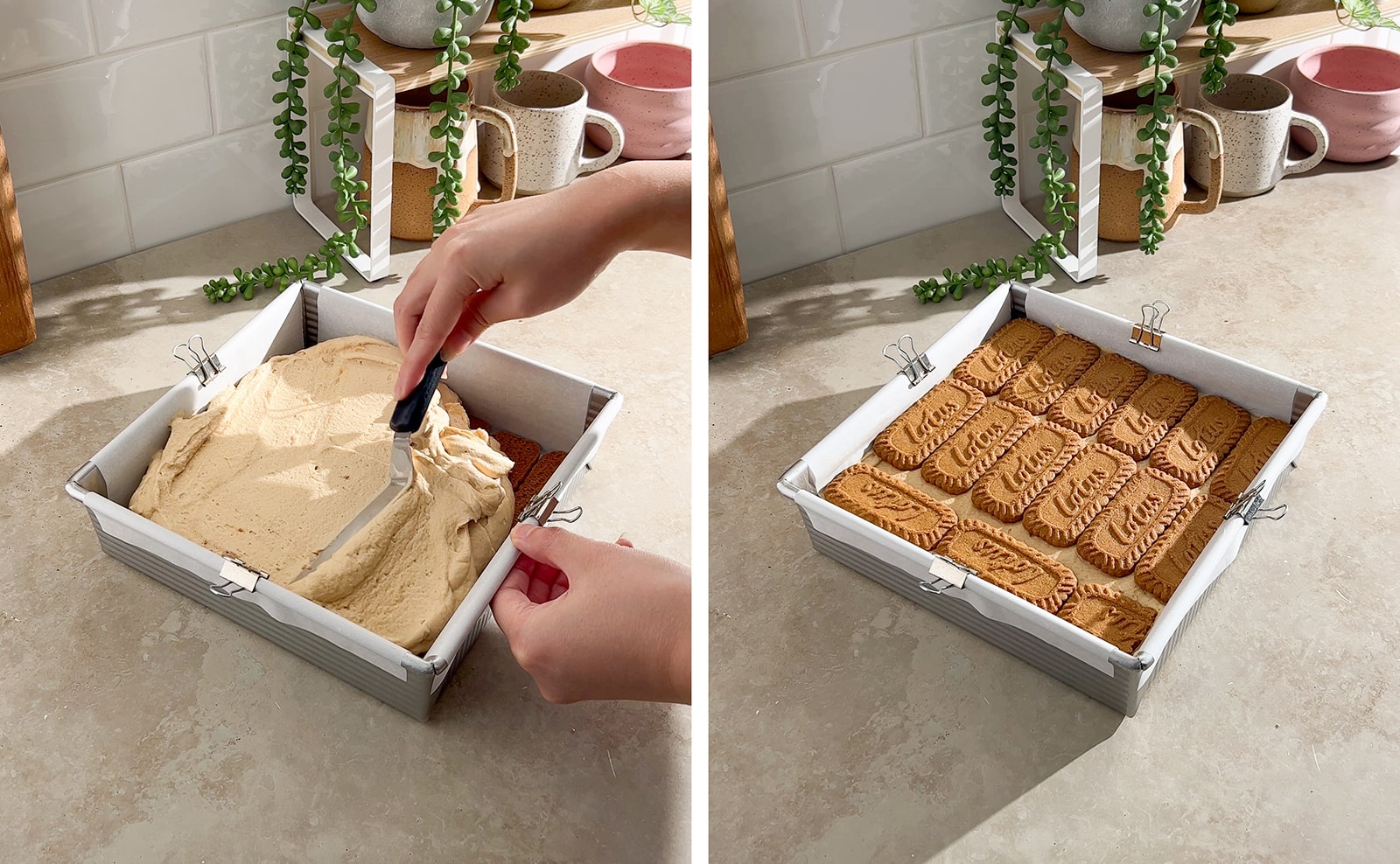 Left to right: smoothing biscoff cream with offset spatula, layer of biscoff cookies arranged on top of cream.