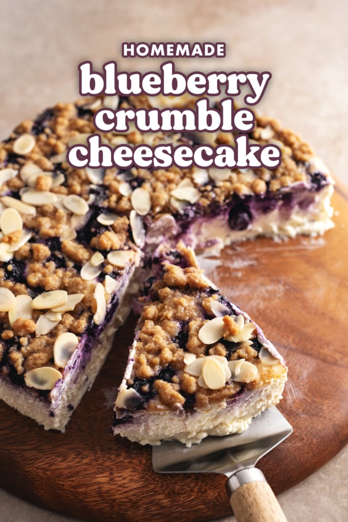 A slice of cheesecake on a cake server cut from the rest of the cheesecake.