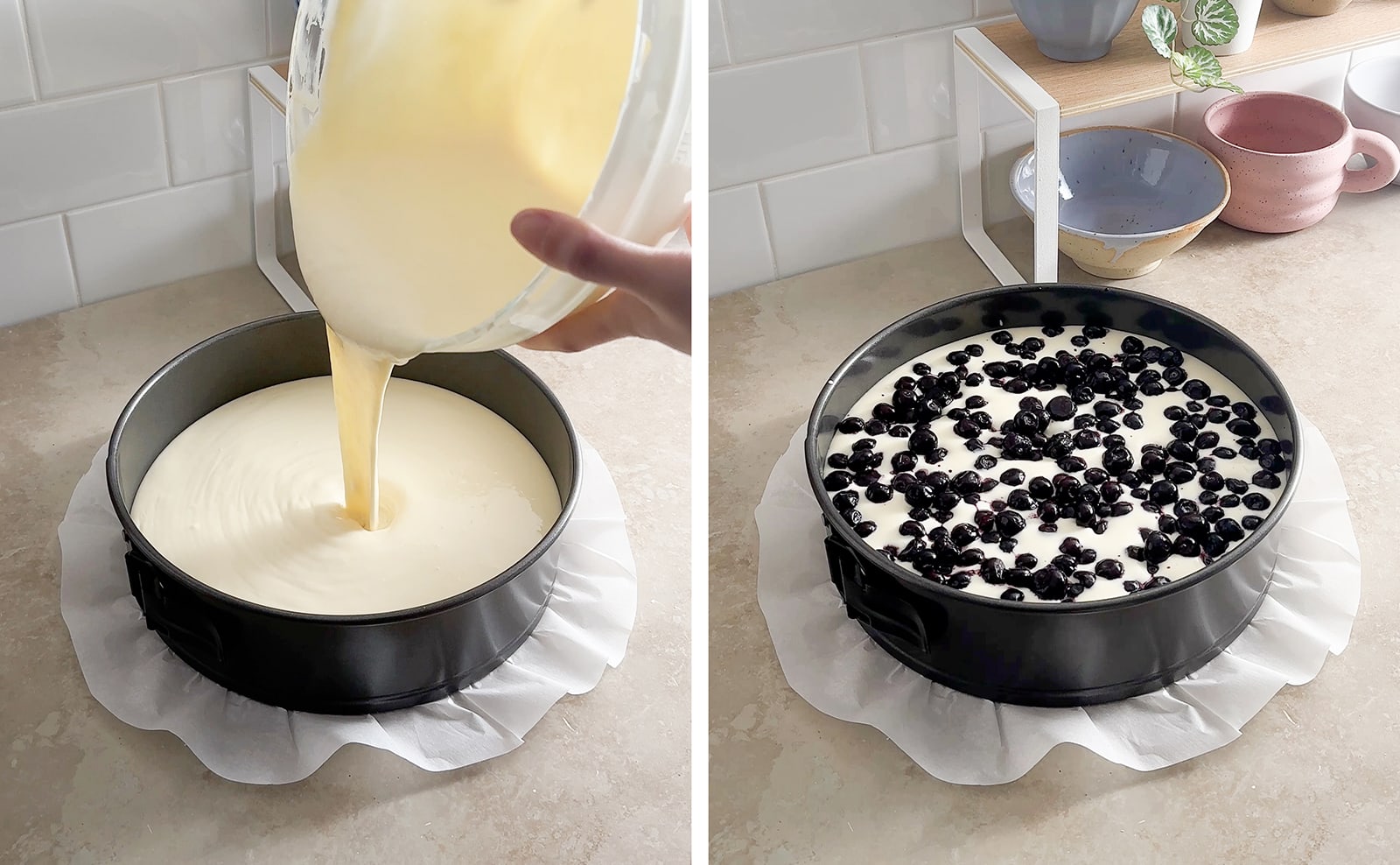 Left to right: pouring cheesecake batter into lined pan, layer of blueberries on top of cheesecake batter in pan.