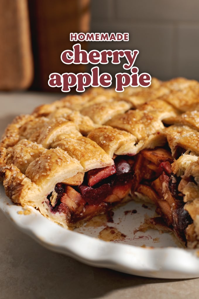 Cross section of the cherry and apple filling inside a pie.