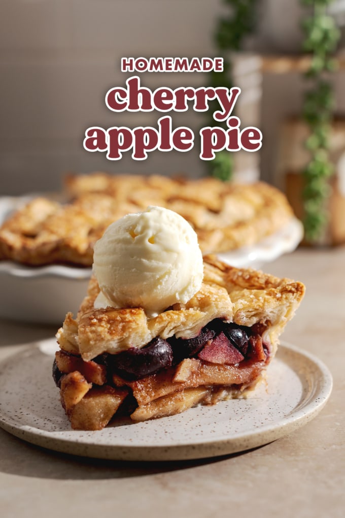 Side view of a slice of pie with scoop of ice cream on top.