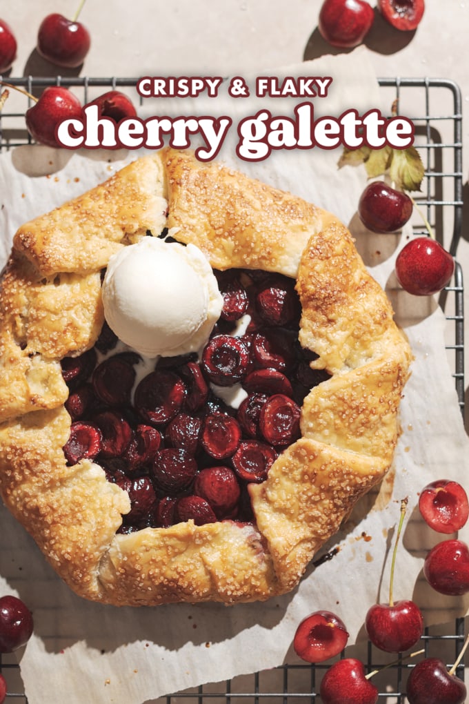 Cherry galette with a scoop of vanilla ice cream on top of it