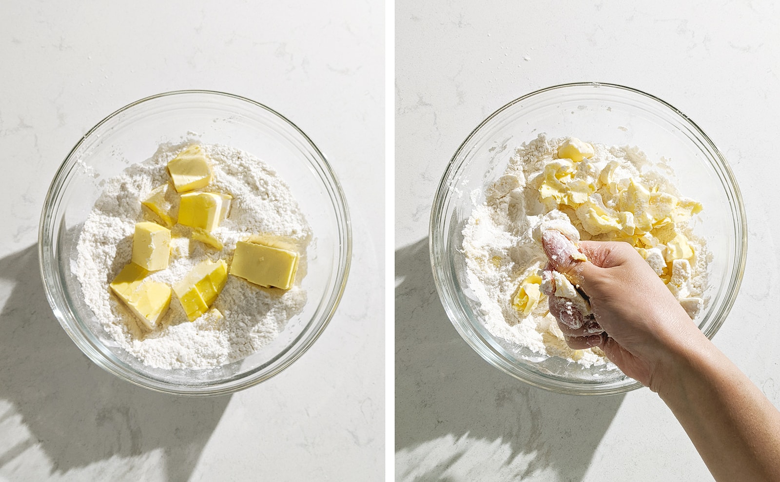 Left to right: cubes of butter in a bowl of flour, hand breaking butter into small pieces.