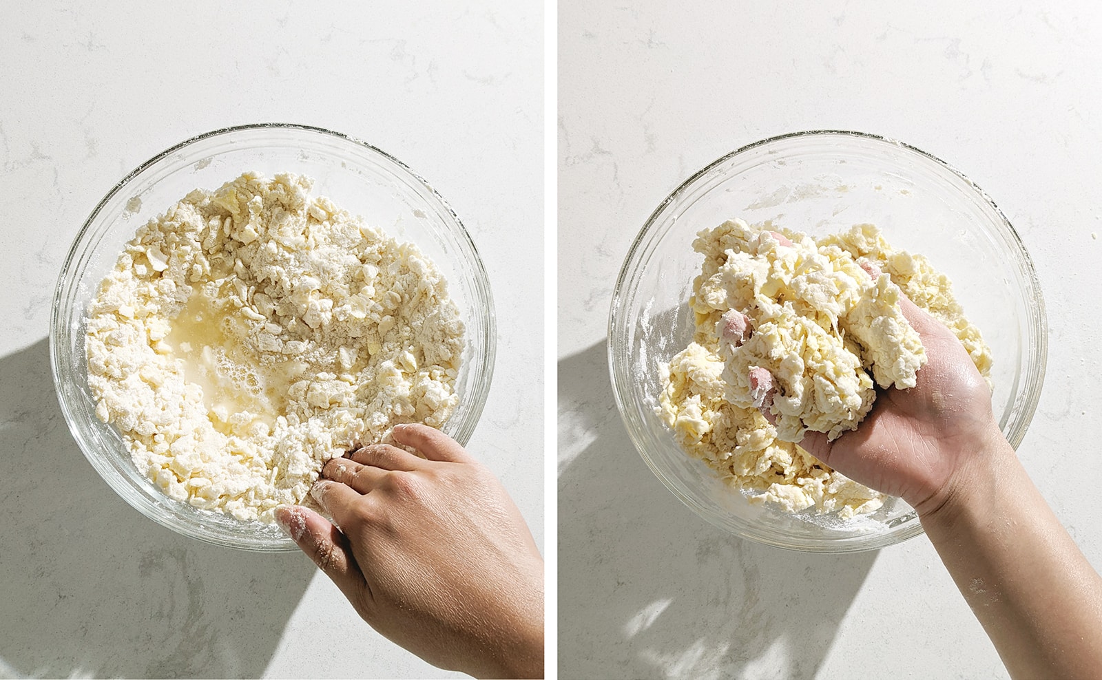 Left to right: bowl of flour and butter with a well of water in the middle, hand holding shaggy pie dough over a bowl.