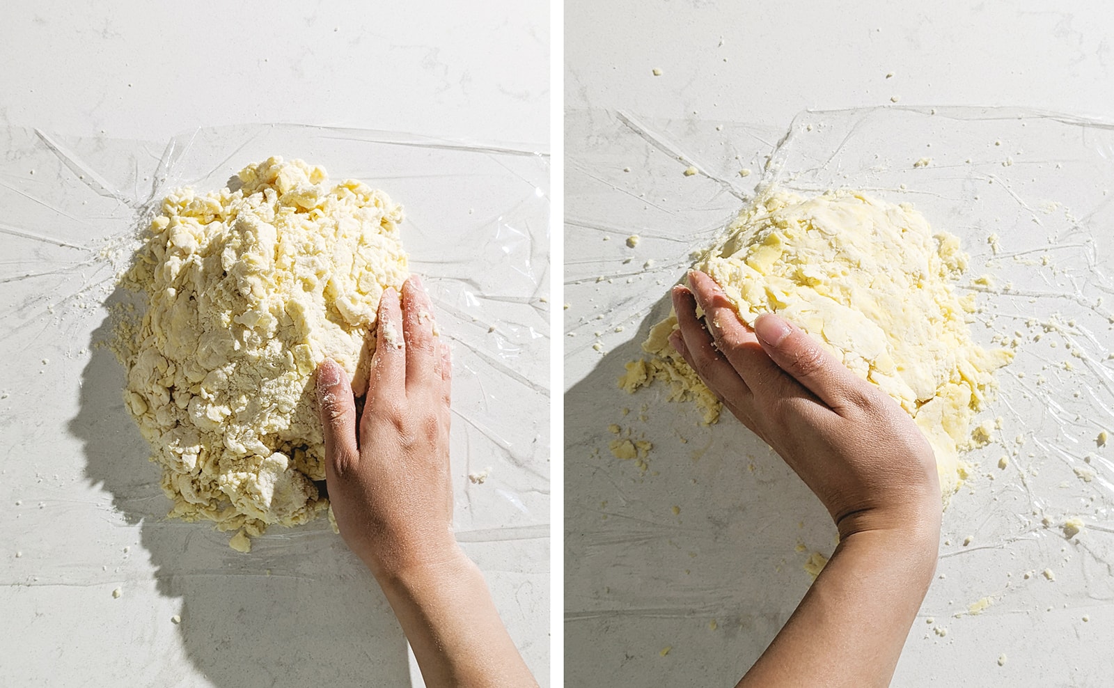 Left to right: hand pressing pie dough together on counter, hand folding pie dough over.