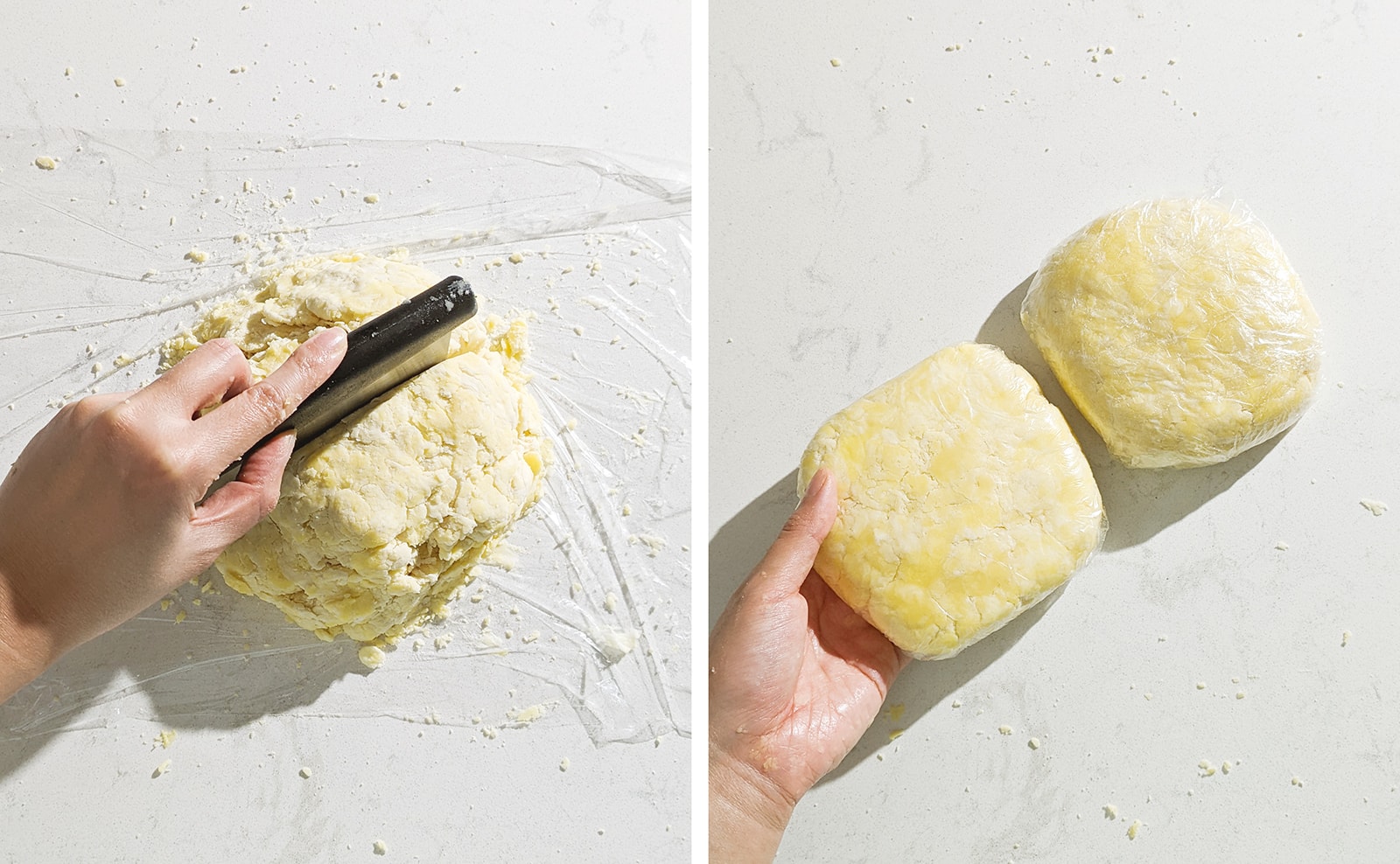 Left to right: cutting pie dough with bench scraper, hand holding two rounds of pie dough wrapped in plastic wrap.