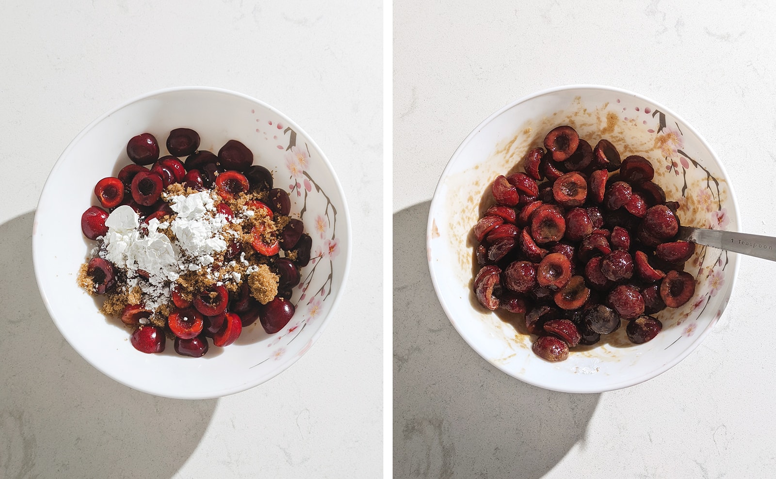 Left to right: bowl of cherries with sugar and cornstarch on top, bowl of cherries mixed with sugar.