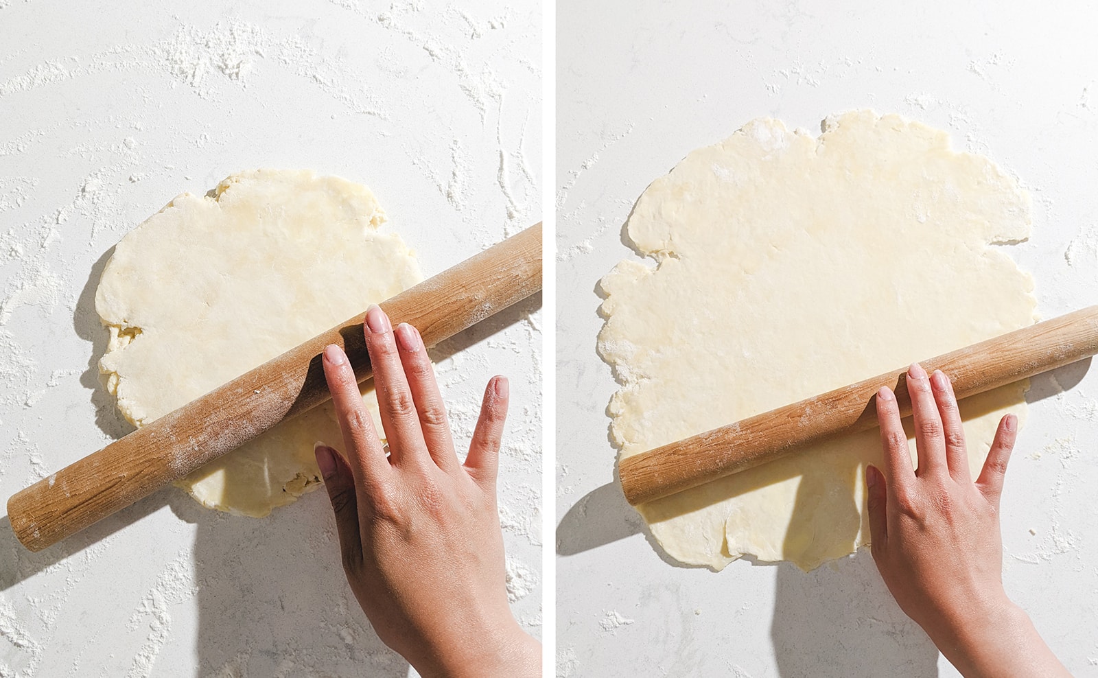 Left to right: rolling out disc of dough with rolling pin, rolled out sheet of galette dough.