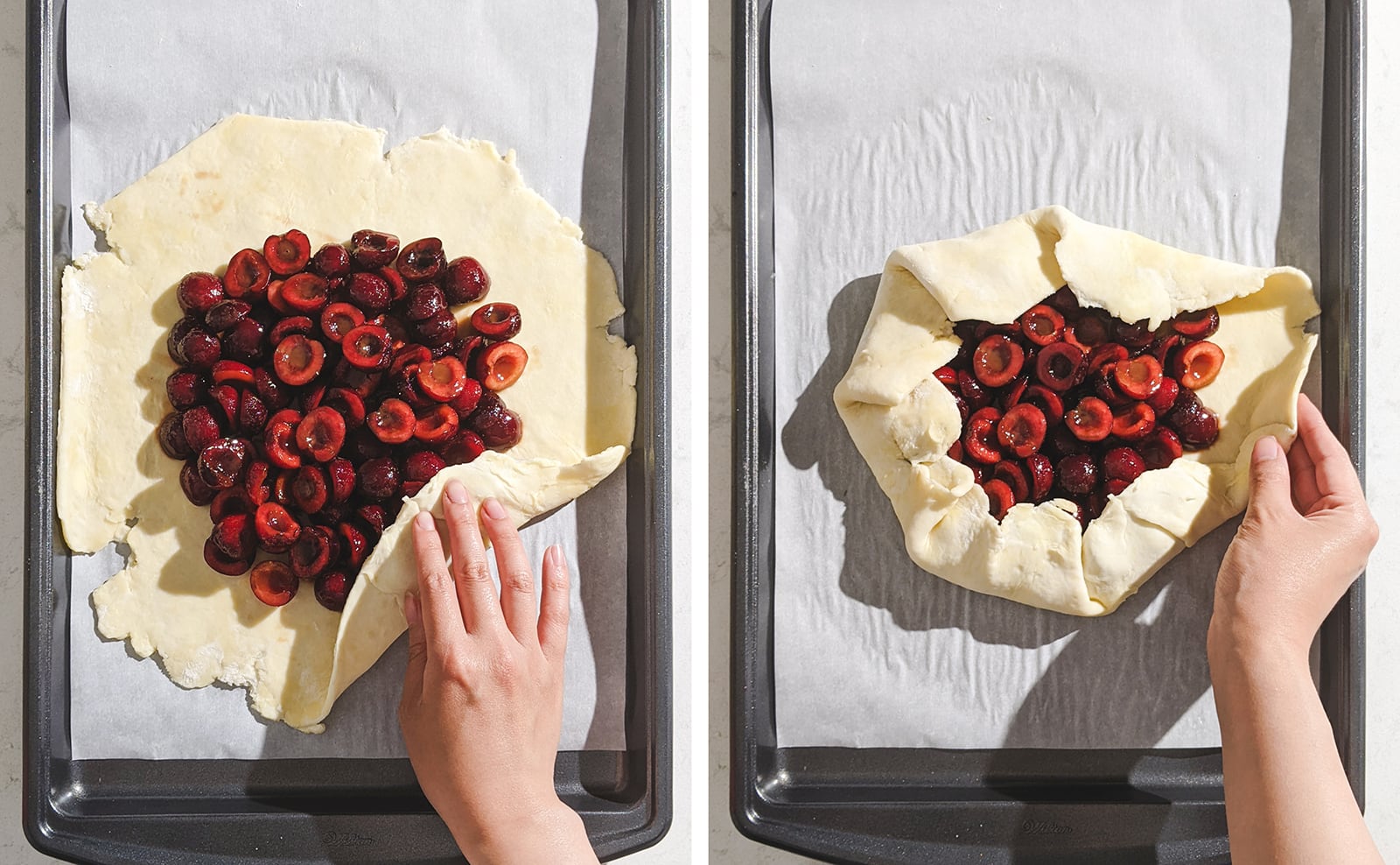 Left to right: hand folding first side of galette dough, hand folding last side of galette dough.