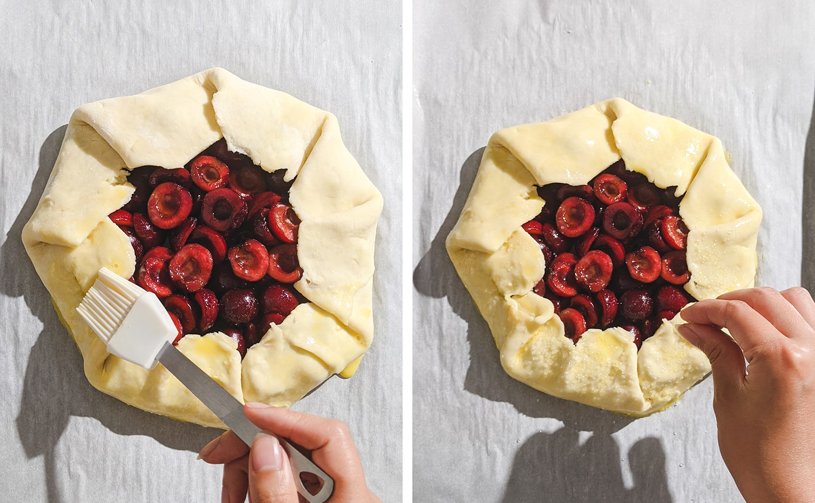 Left to right: brushing egg wash on galette crust, sprinkling sugar over galette crust.