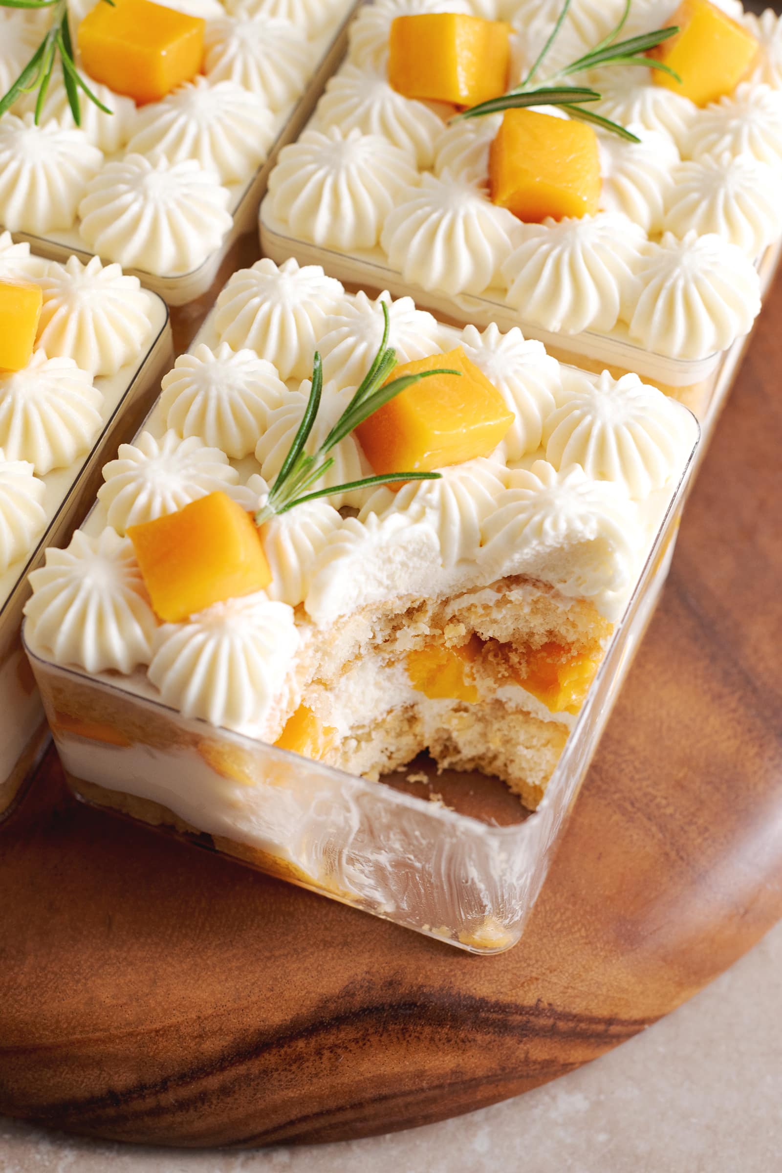 A scoop of tiramisu taken out of the container to show the layers inside.