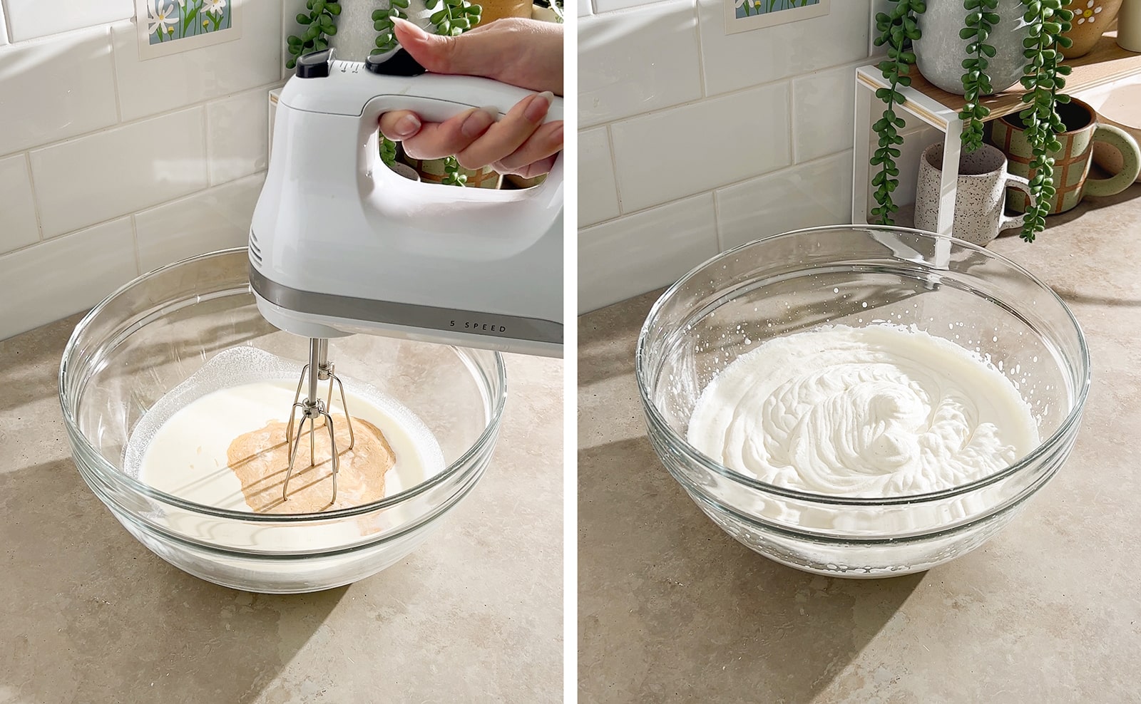 Left to right: hand mixer in bowl of whipping cream, whipped cream in mixing bowl.