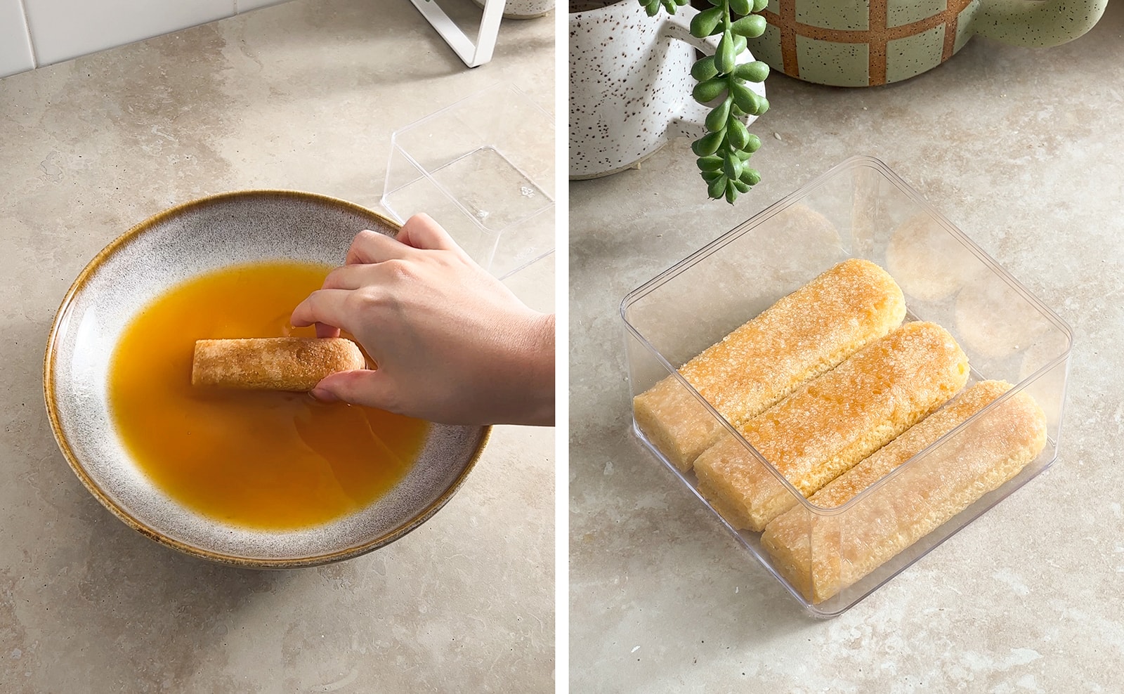 Left to right: hand dipping ladyfinger into bowl of mango juice mixture, three soaked ladyfingers in square container.