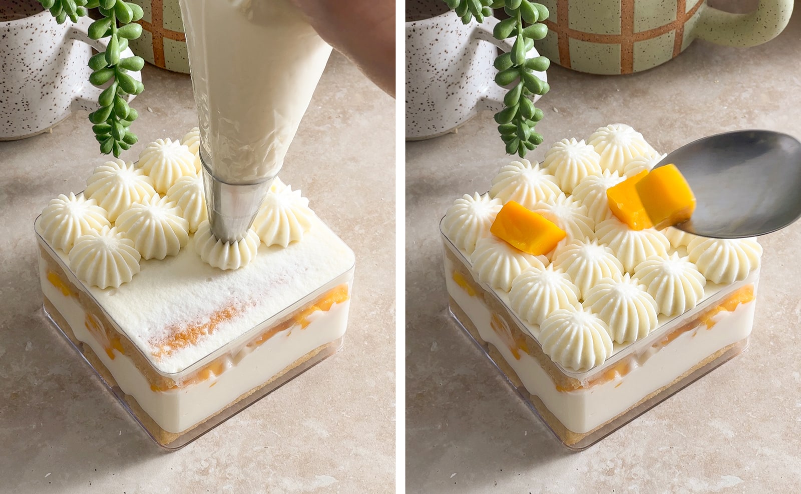 Left to right: piping dollops of mascarpone cream on top of tiramisu, placing mango mango chunks on top of tiramisu with a spoon.