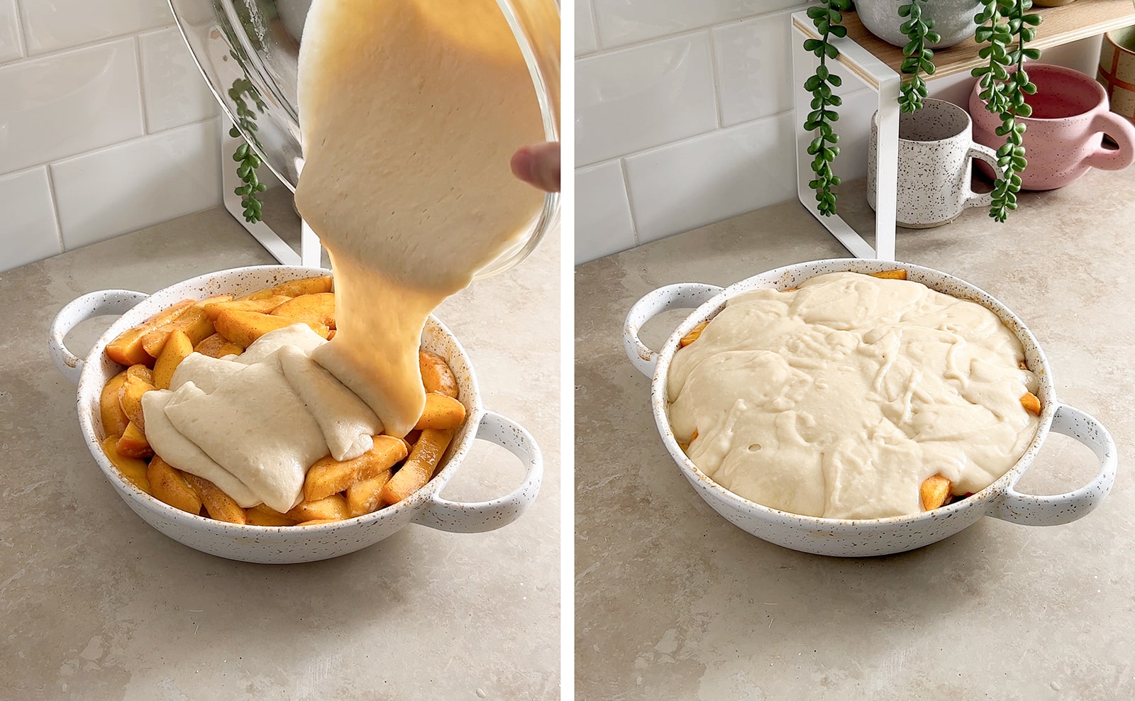 Left to right: pouring batter on top of peach slices, peach cobbler in a baking dish before baking.