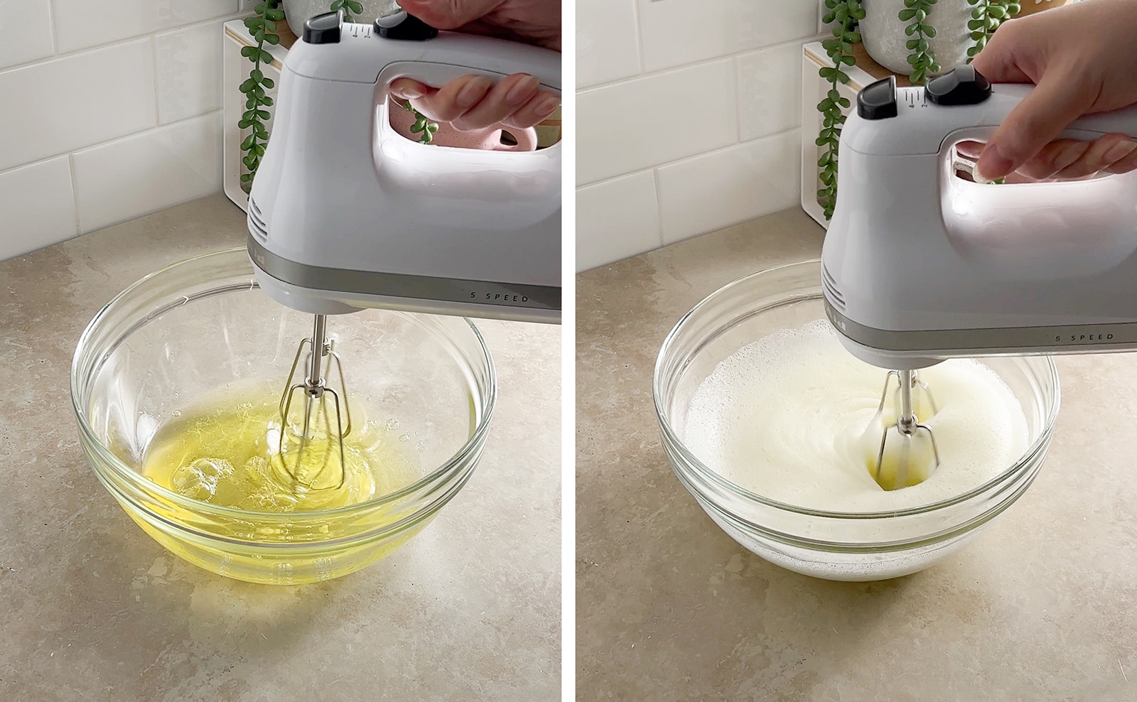 Left to right: hand mixer in bowl of egg whites, hand mixer beating bowl of foamy egg whites.