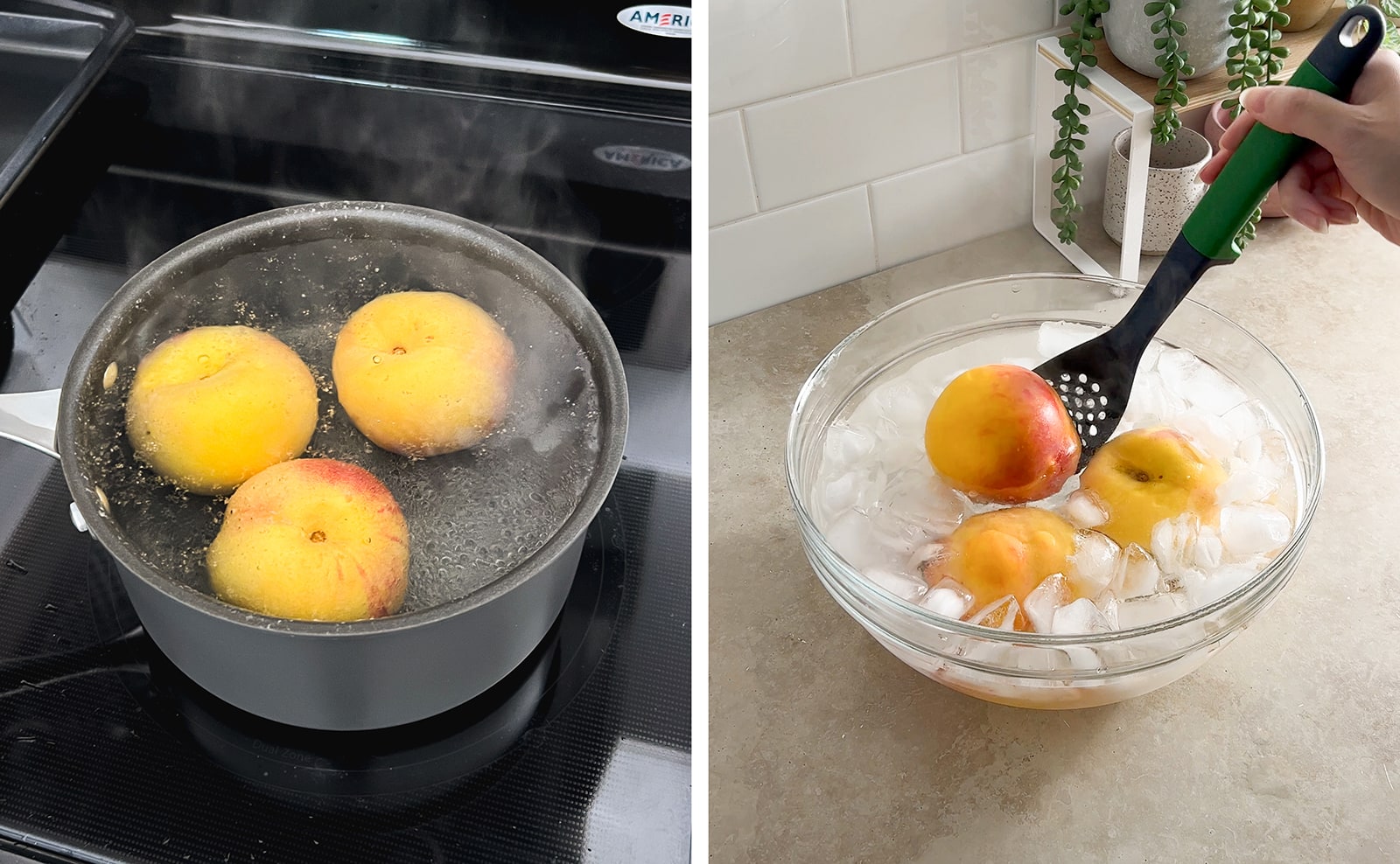 Left to right: peaches in a pot of boiling water, lowering peach into bowl of ice water.