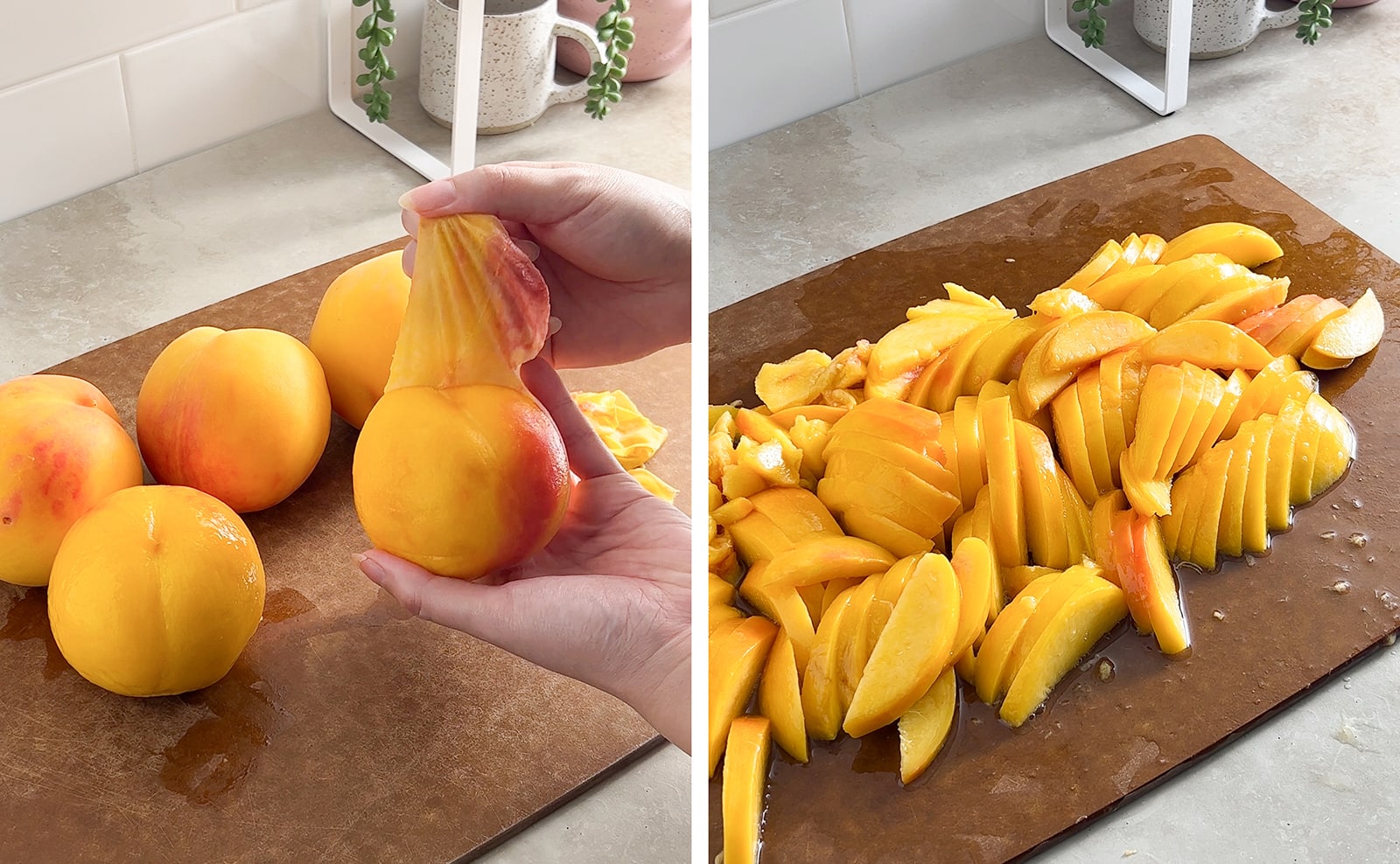 Left to right: peeling skin off of a peach, sliced peaches on a cutting board.