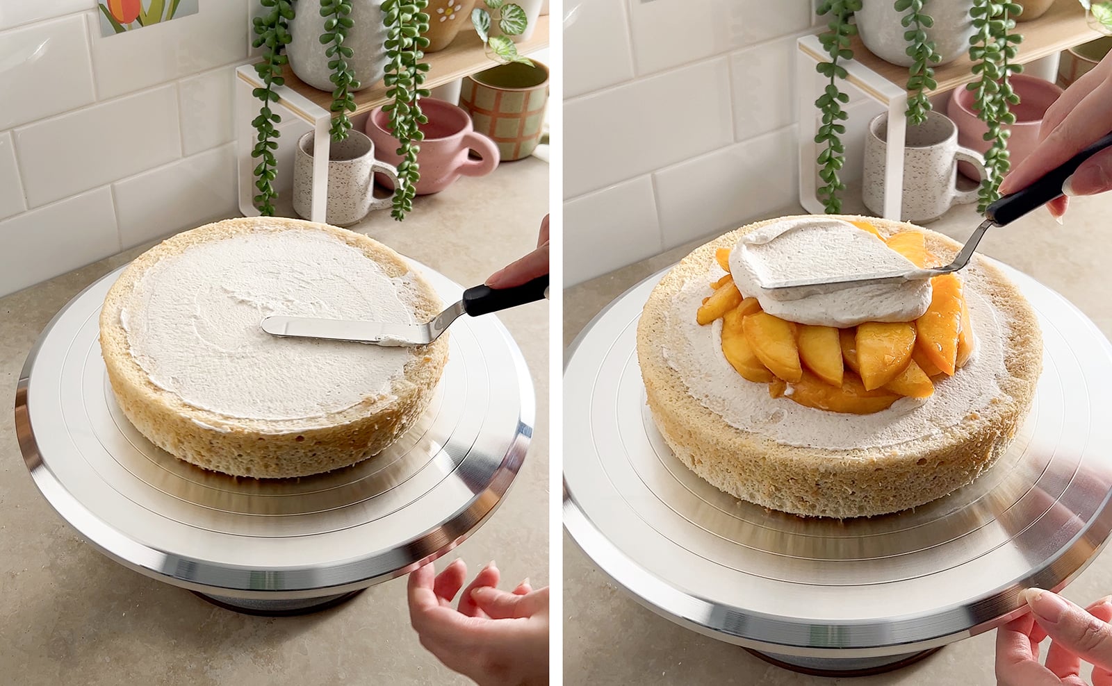 Left to right: smoothing whipped cream on cake layer, smoothing whipped cream on top of peach layer on cake.