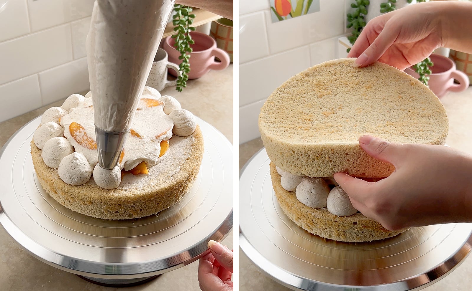 Left to right: piping dollops of whipped cream on cake layer, hands placing cake layer on top of filling.