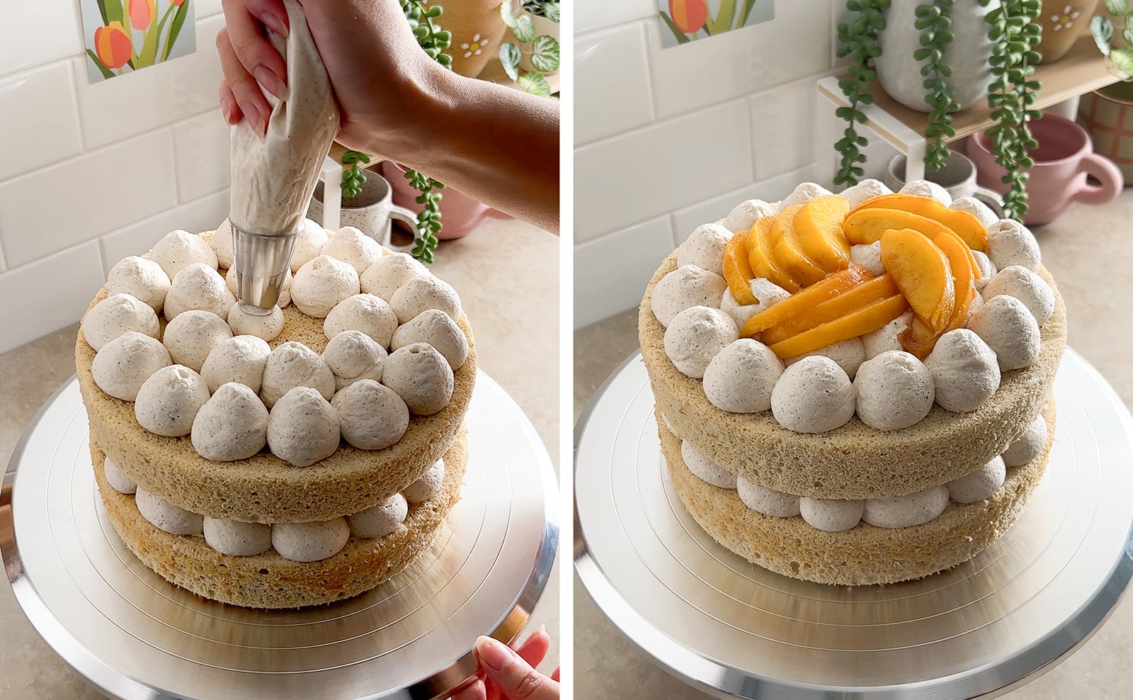Left to right: piping dollops of whipped cream on top of cake, peach slices on top of whipped cream on top of cake.