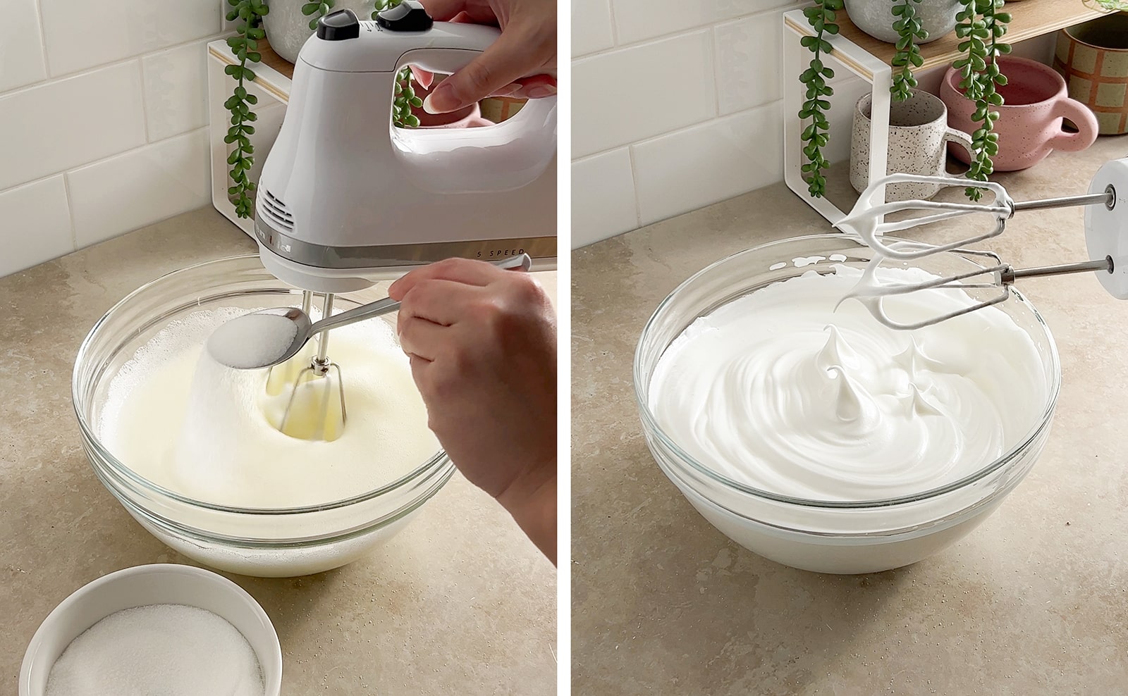 Left to right: sprinkling sugar in bowl of egg whites, bowl of meringue with stiff peaks.