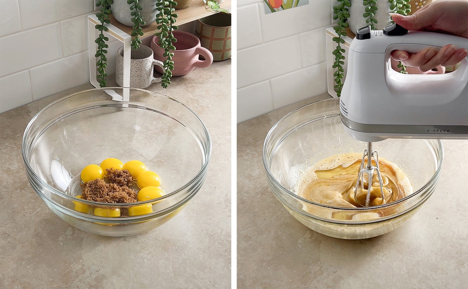 Left to right: bowl of egg yolks and brown sugar, hand mixer mixing bowl of ingredients.