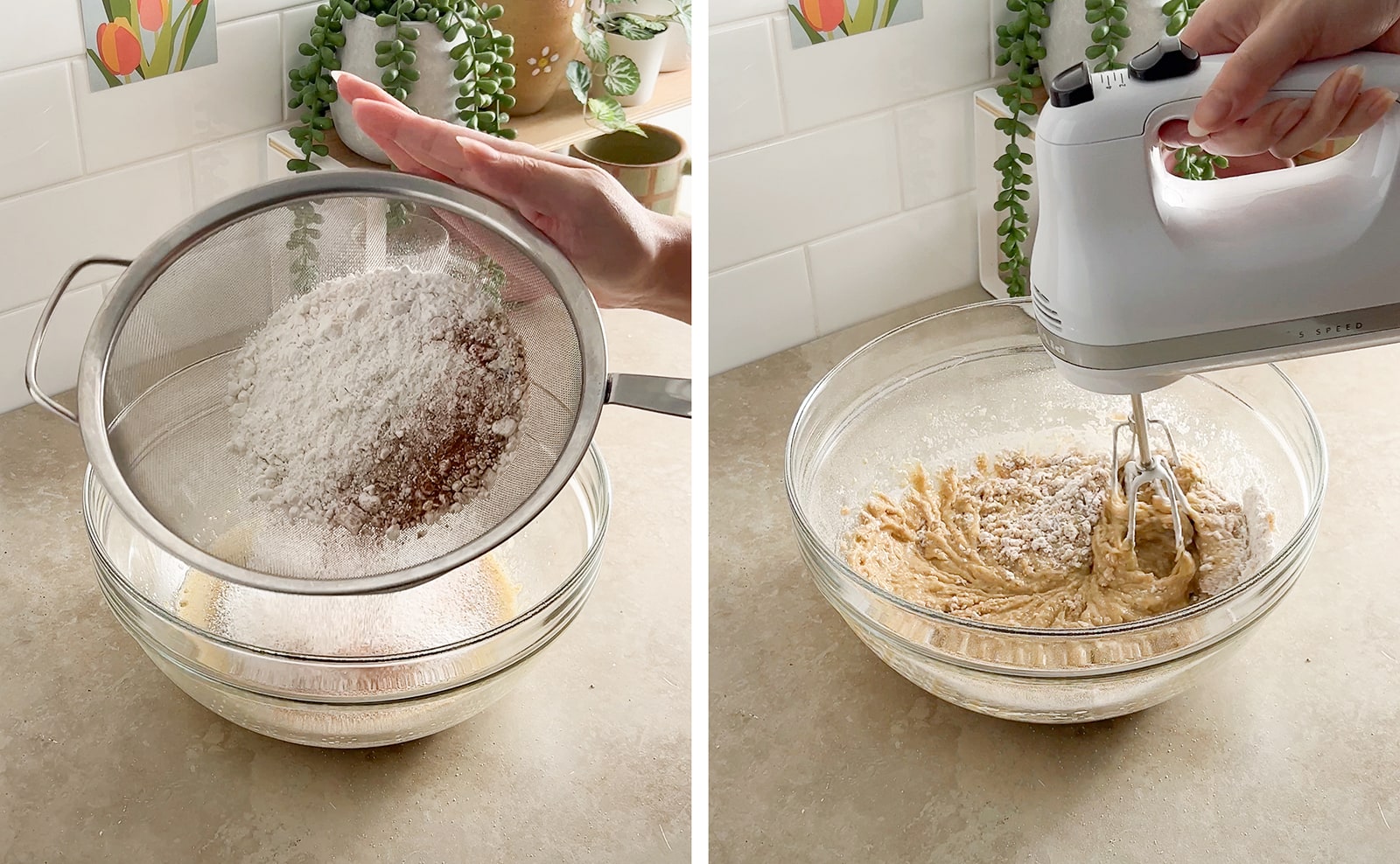Left to right: sifting flour and spices into bowl of cake batter, hand mixer mixing cake batter.
