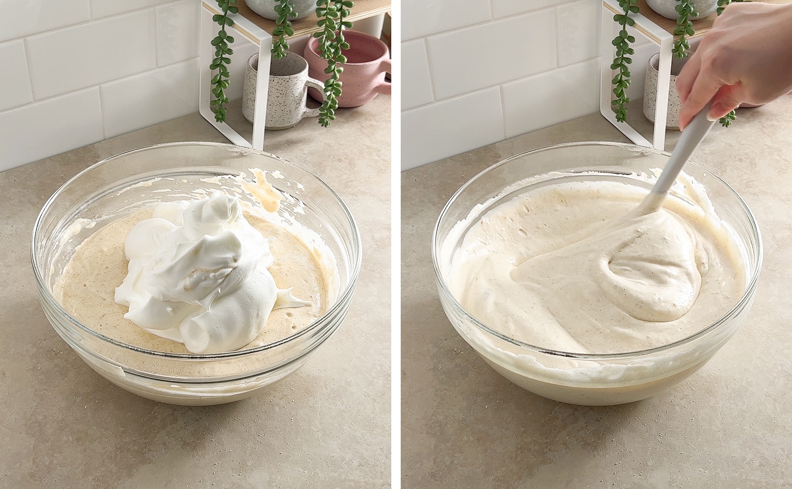 Left to right: pile of meringue in bowl of batter, spatula folding cake batter together in bowl.