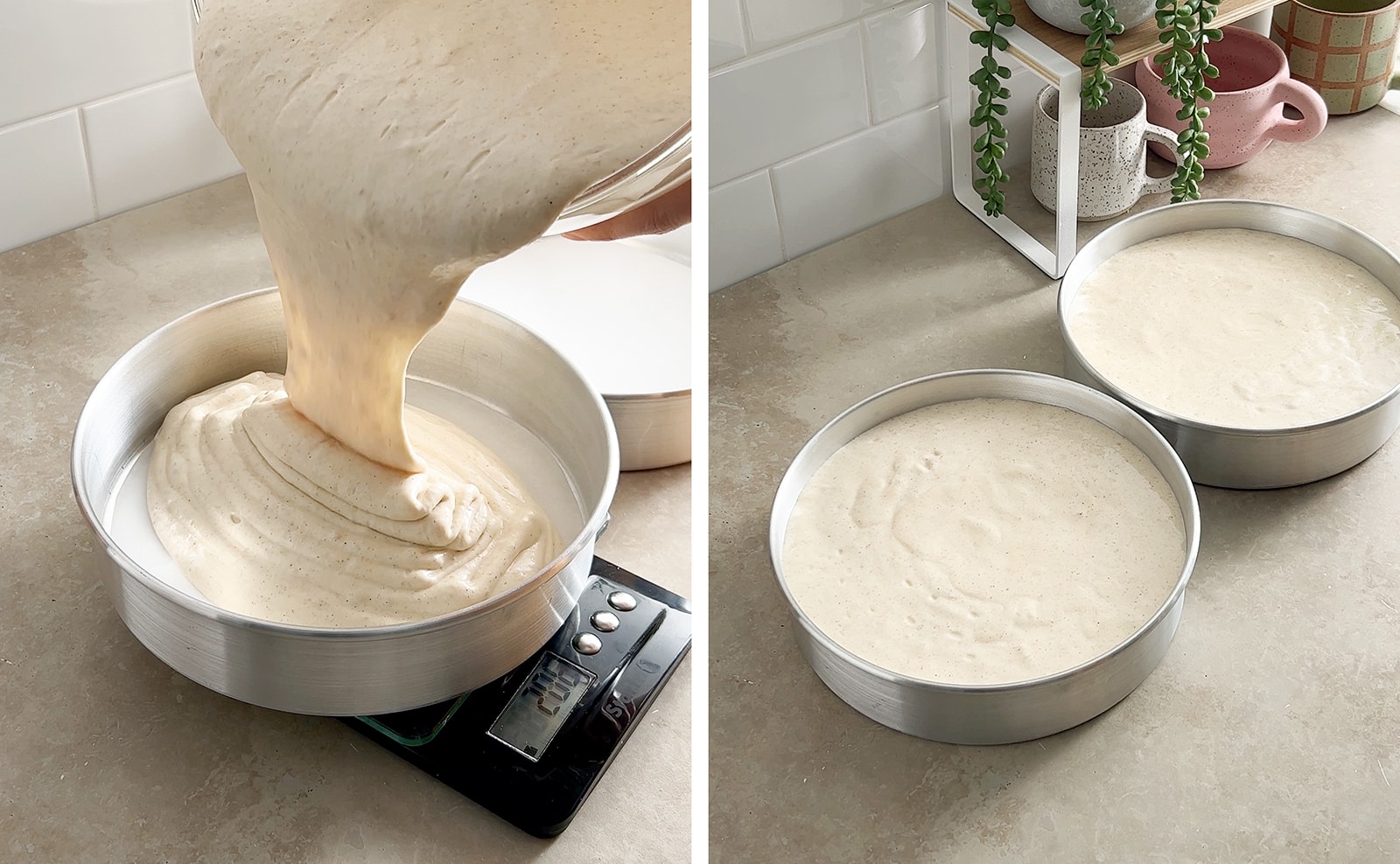 Left to right: pouring cake batter into cake pan, two cake pans filled with batter.