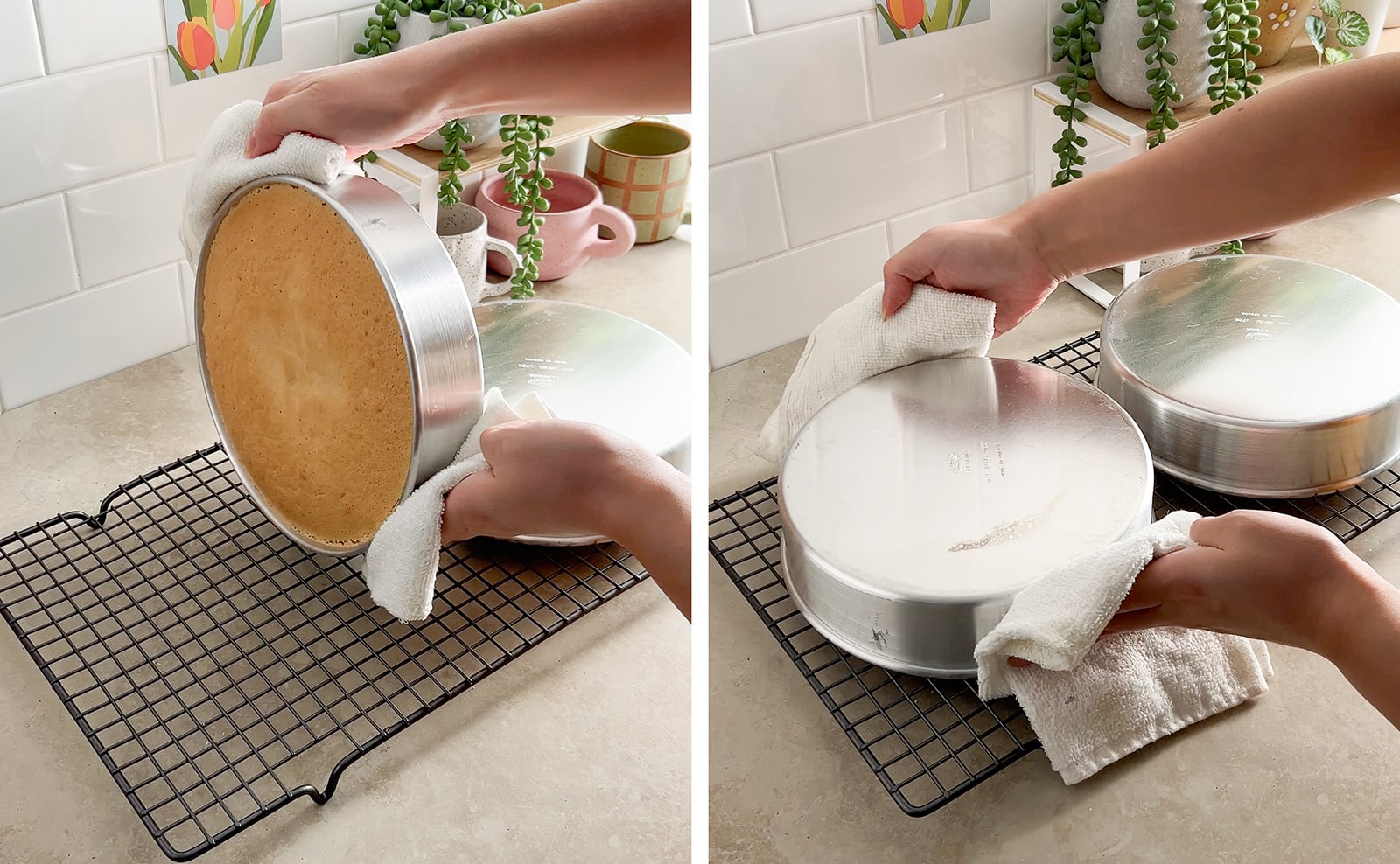 Left to right: hands flipping cake pan upside down, hands holding upside down cake pan.
