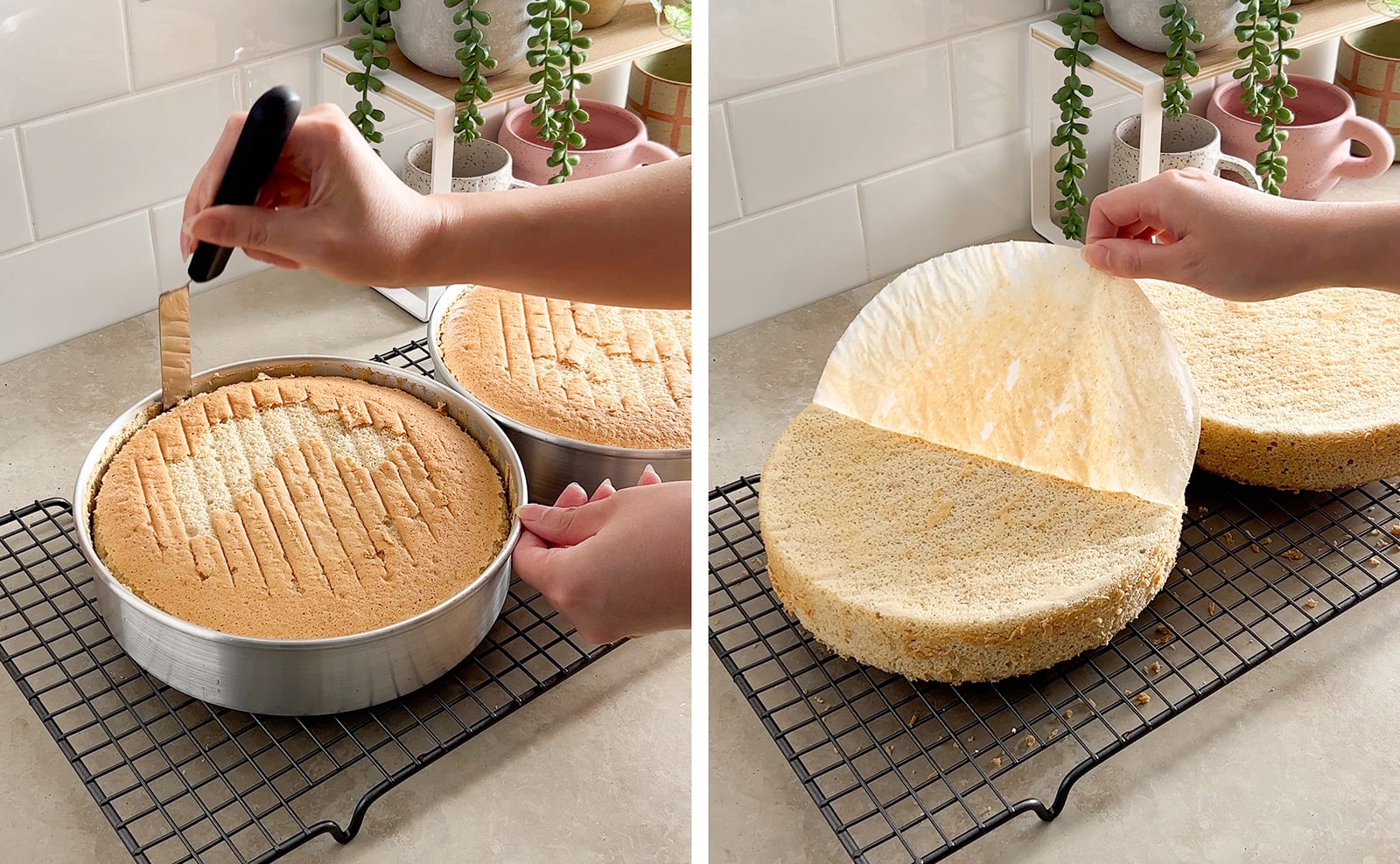 Left to right: running spatula around edge of cake pan, peeling parchment paper off cake.
